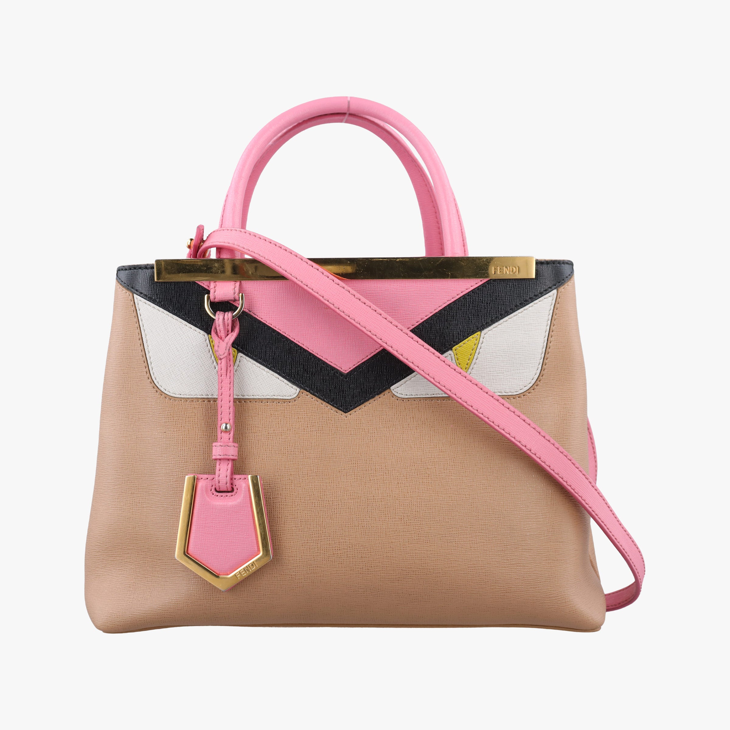 Pre-owned Fendi Petite 2 JOURS Black×Pink×Beige Leather 8BR253 shoulderbag | stylenewstar