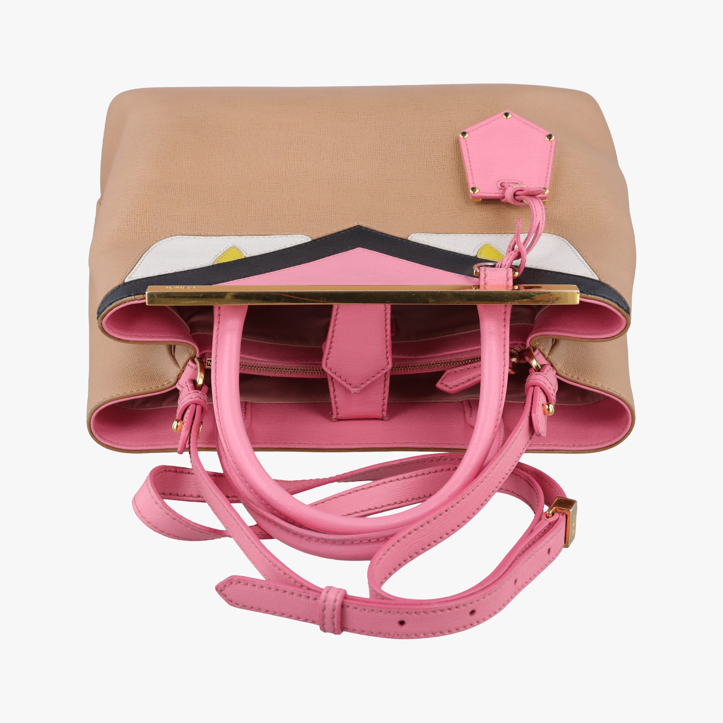 Pre-owned Fendi Petite 2 JOURS Black×Pink×Beige Leather 8BR253 shoulderbag | stylenewstar