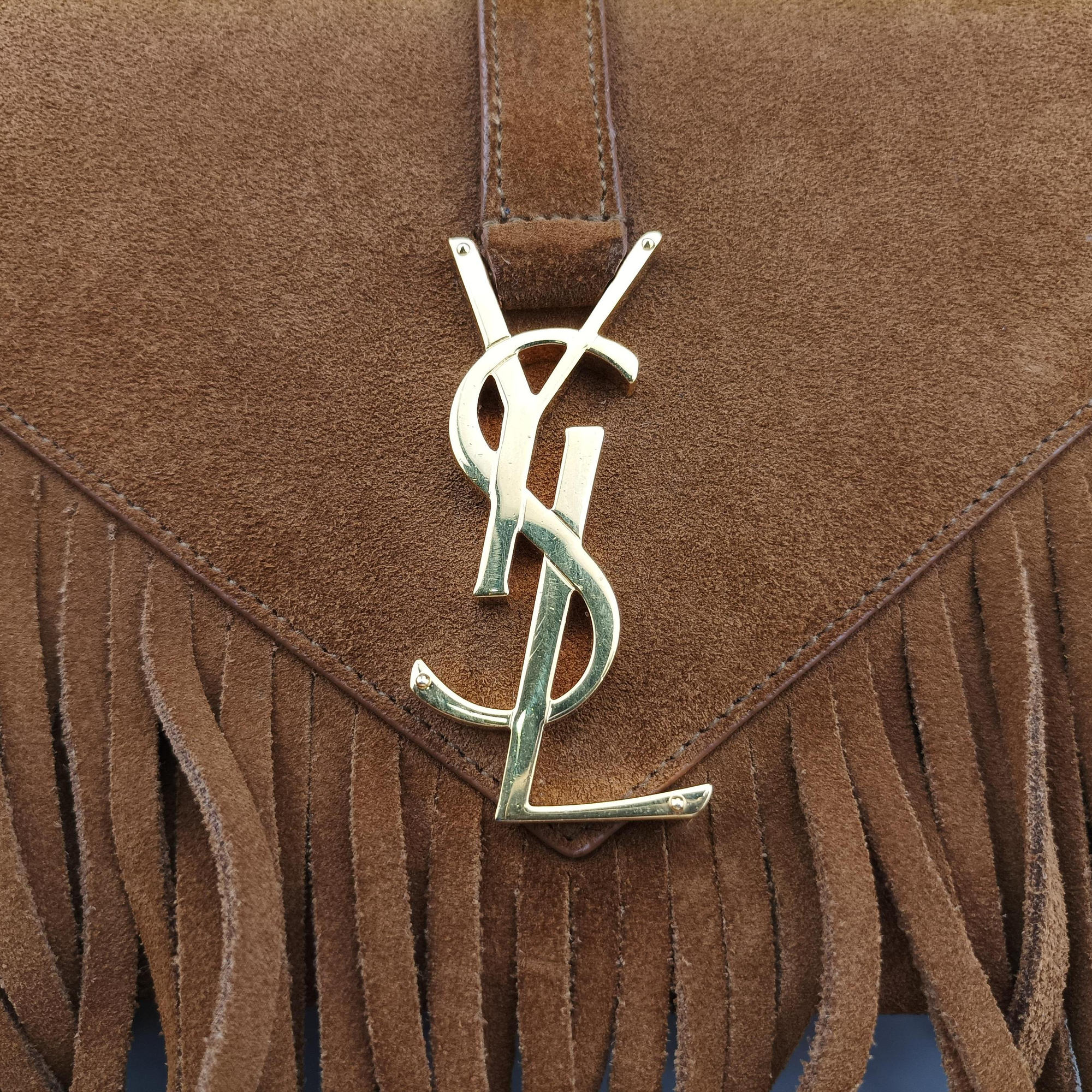Pre-owned Yves Saint Laurent MONOGRAM fringe Brown suede 381668 shoulderbag | stylenewstar