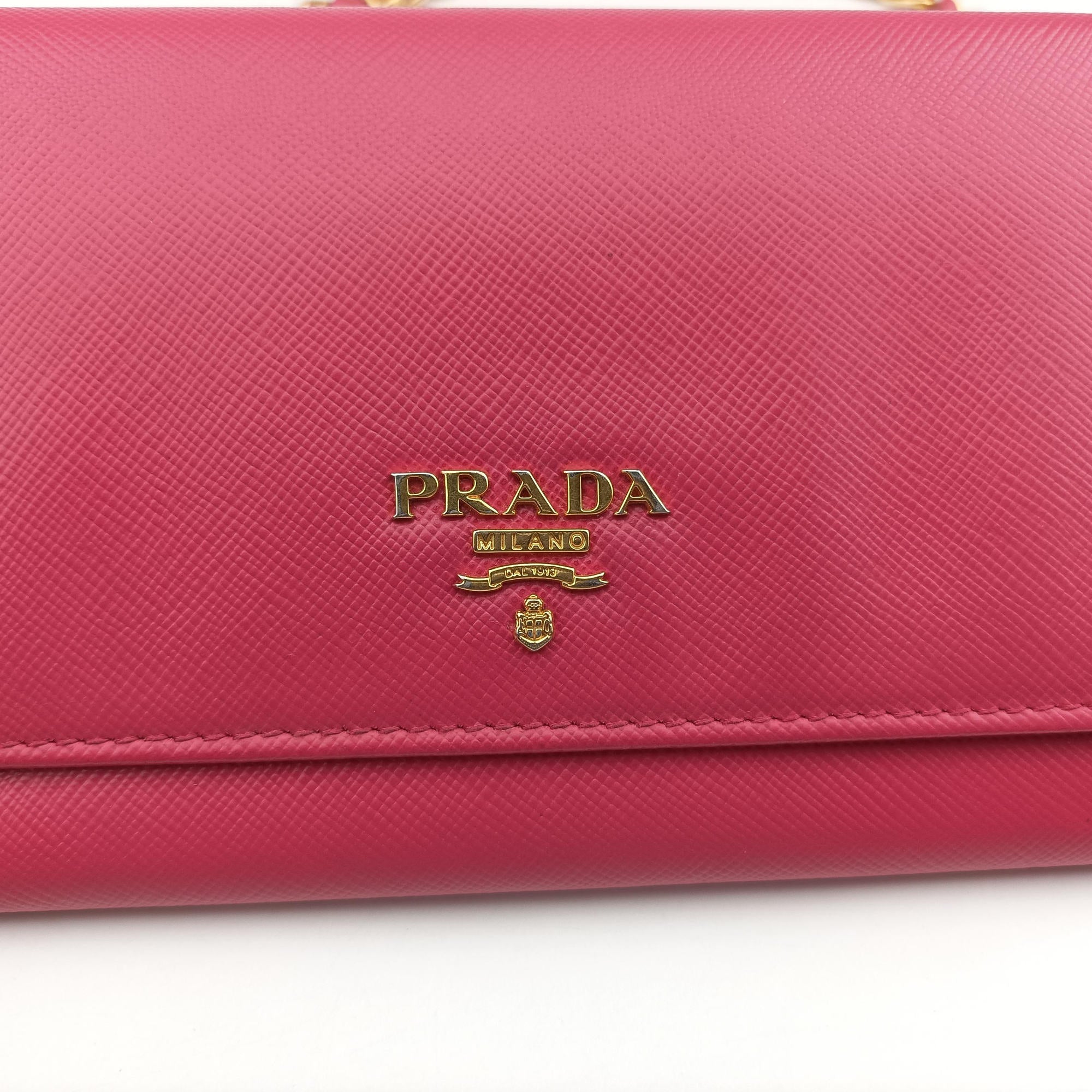 Pre-owned Prada Metal Wallet on Chain Cornflower Clutch Pink Saffiano leather 1MT290 shoulderbag | stylenewstar