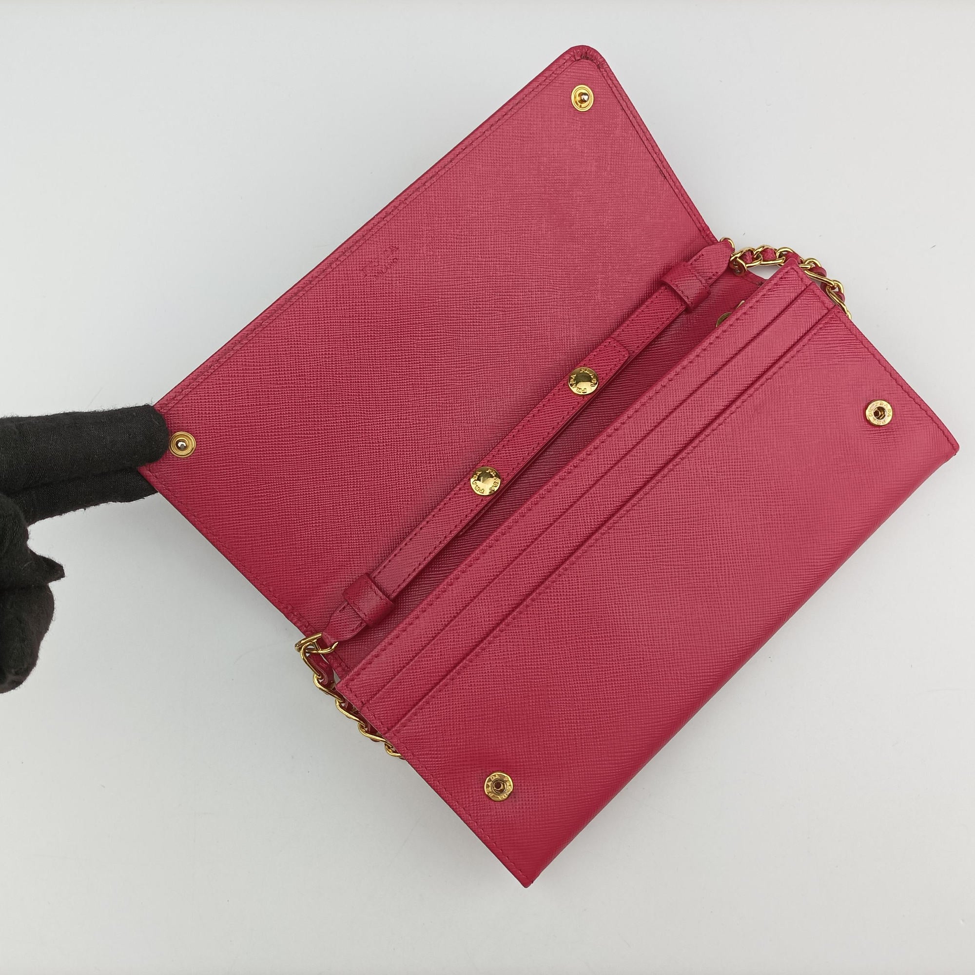 Pre-owned Prada Metal Wallet on Chain Cornflower Clutch Pink Saffiano leather 1MT290 shoulderbag | stylenewstar