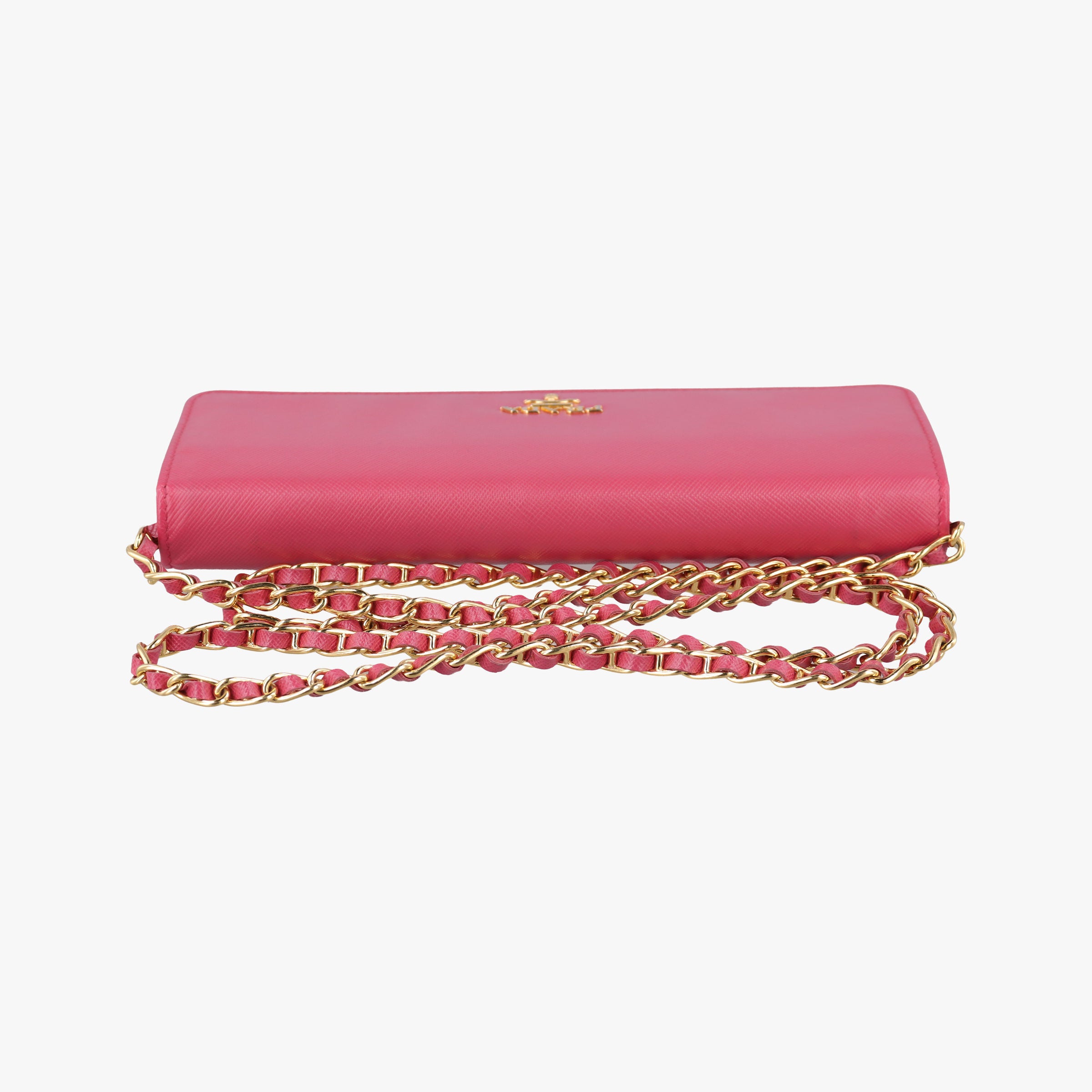 Pre-owned Prada Metal Wallet on Chain Cornflower Clutch Pink Saffiano leather 1MT290 shoulderbag | stylenewstar