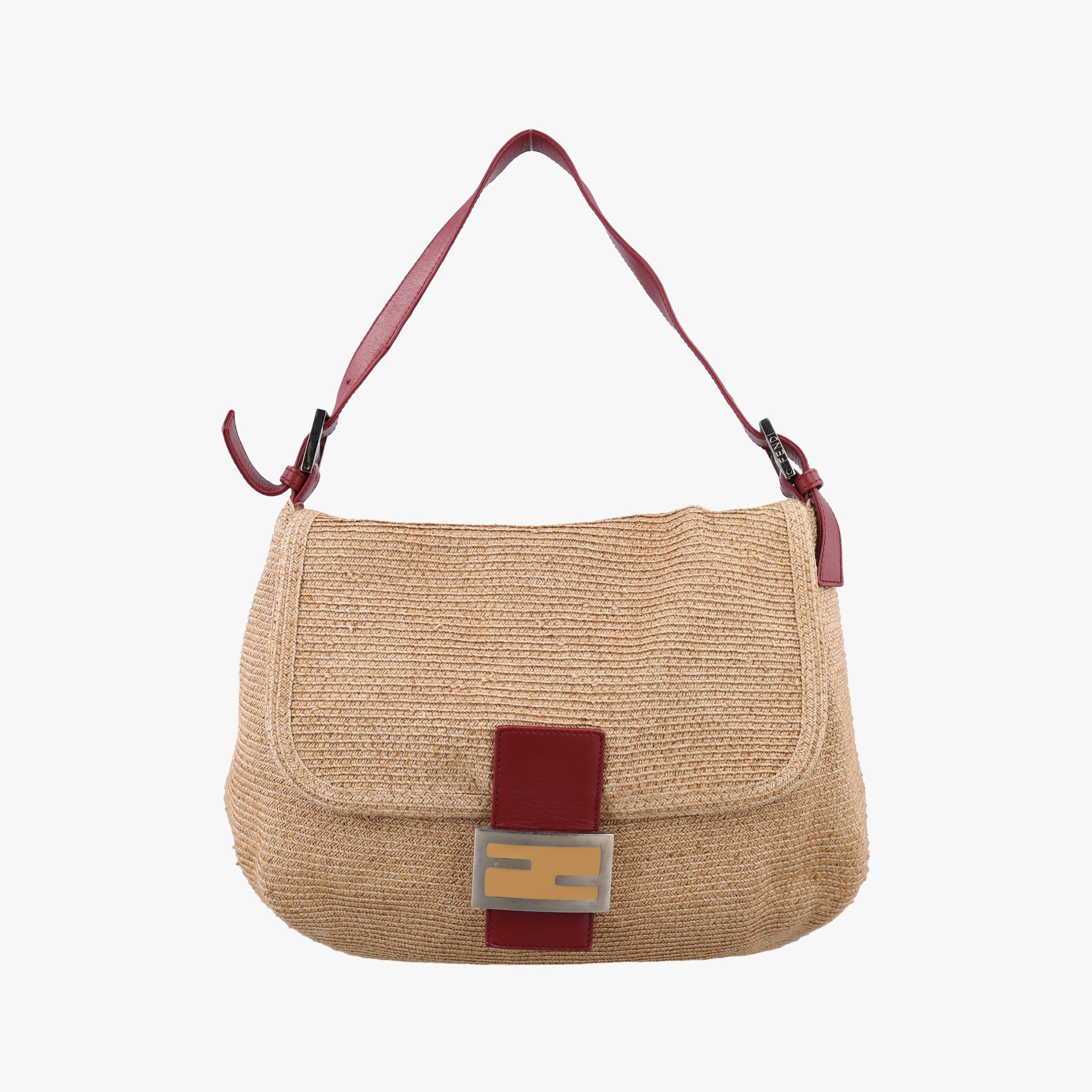 Pre-owned Fendi Mamma Baguette Beige × Burgundy Raffia × Leather 8BR001 shoulderbag | stylenewstar