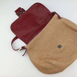 Pre-owned Fendi Mamma Baguette Beige × Burgundy Raffia × Leather 8BR001 shoulderbag | stylenewstar