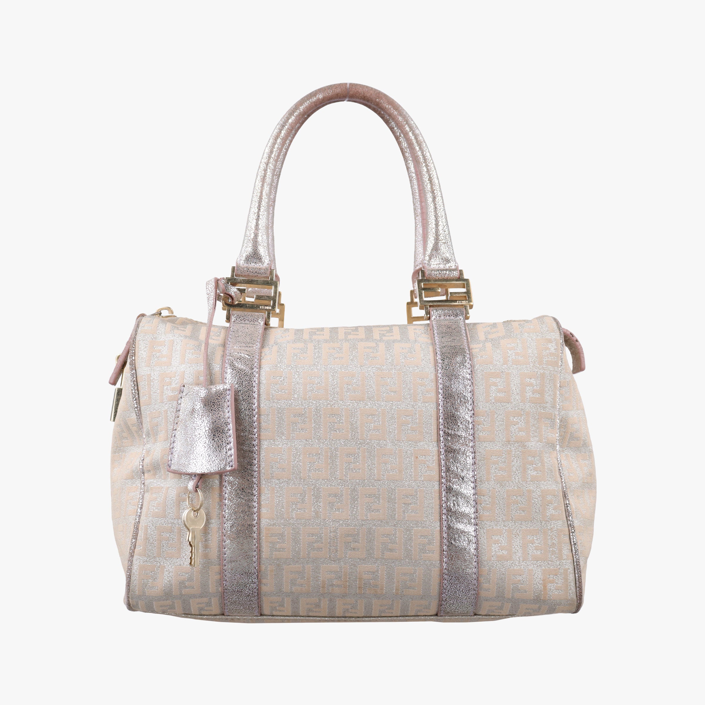 Pre-owned Fendi Zucchino Glitter Logo Pink×silver canvas 8BL068 handbag | stylenewstar