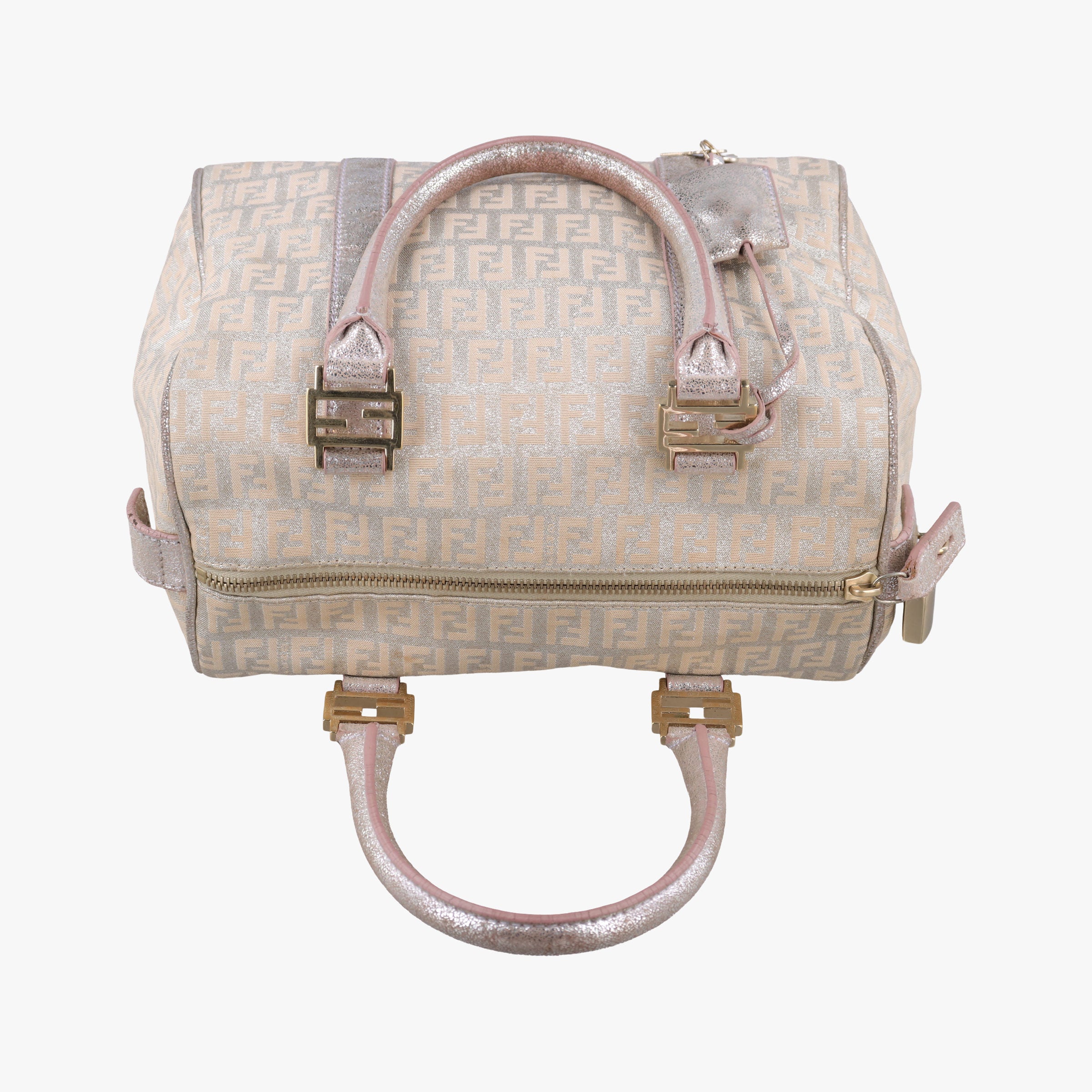 Pre-owned Fendi Zucchino Glitter Logo Pink×silver canvas 8BL068 handbag | stylenewstar