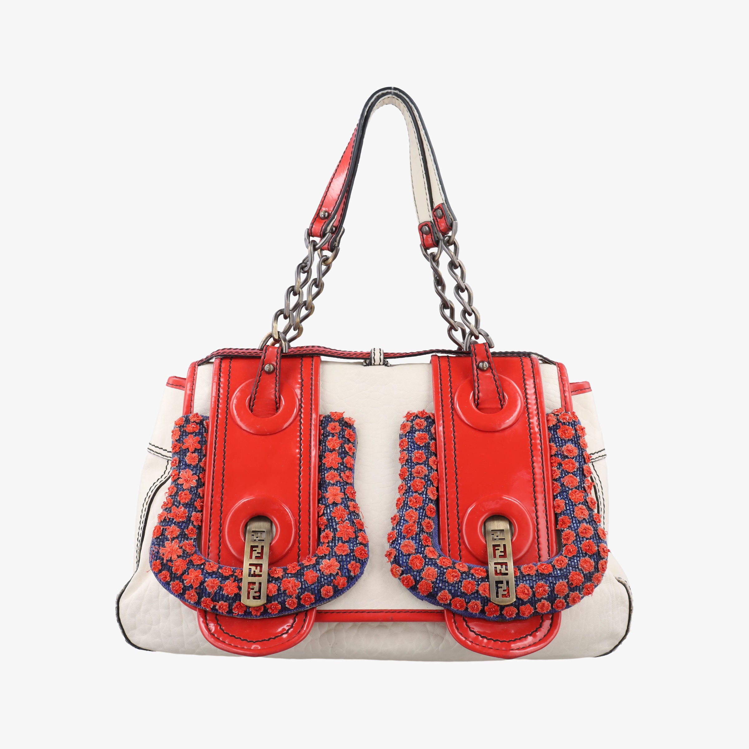 Pre-owned Fendi B Bag Red × White Leather×patent 8BN165 shoulderbag | stylenewstar