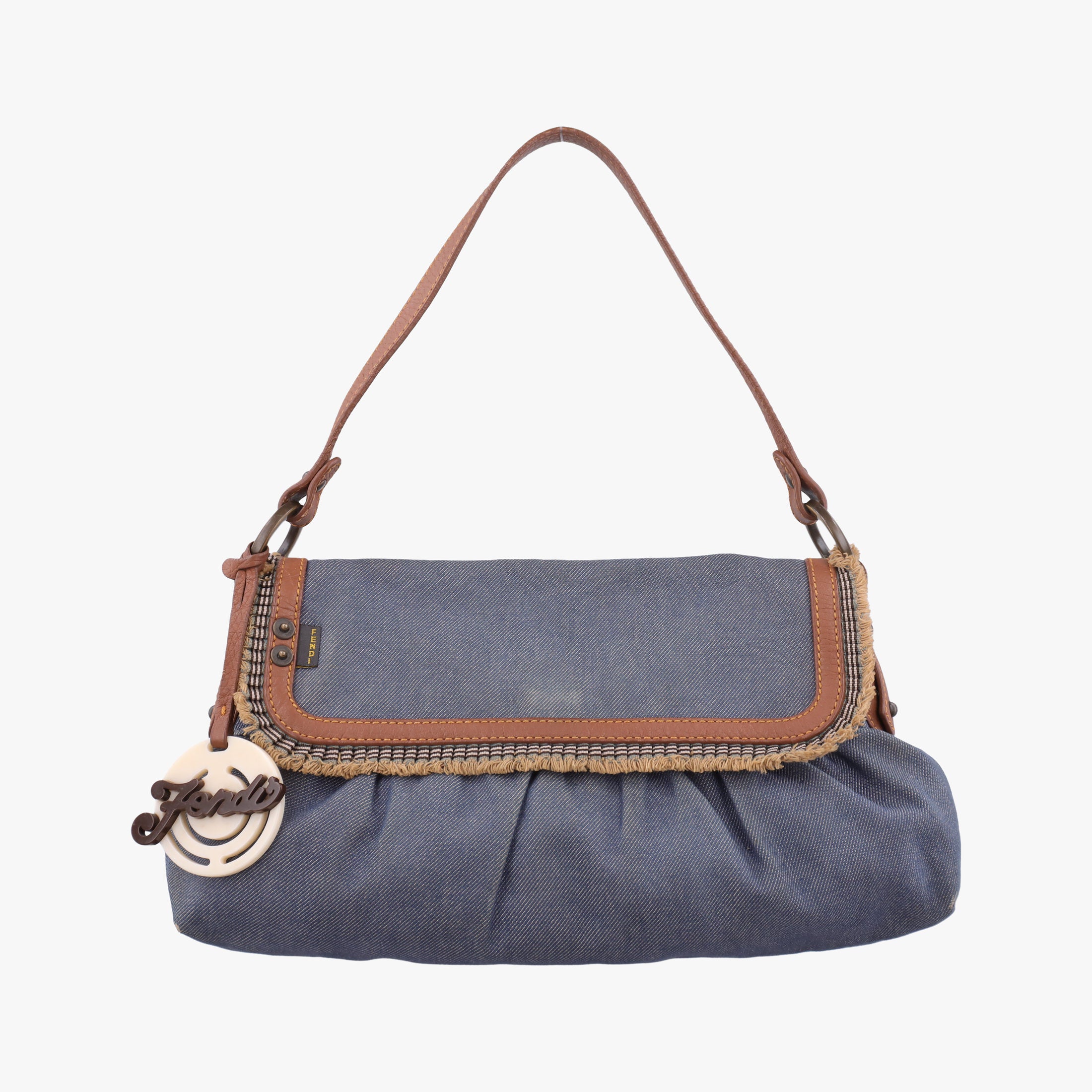 Pre-owned Fendi Chef Blue Denim ×Brown Trim Denim CanvasxCalfskin  shoulderbag | stylenewstar