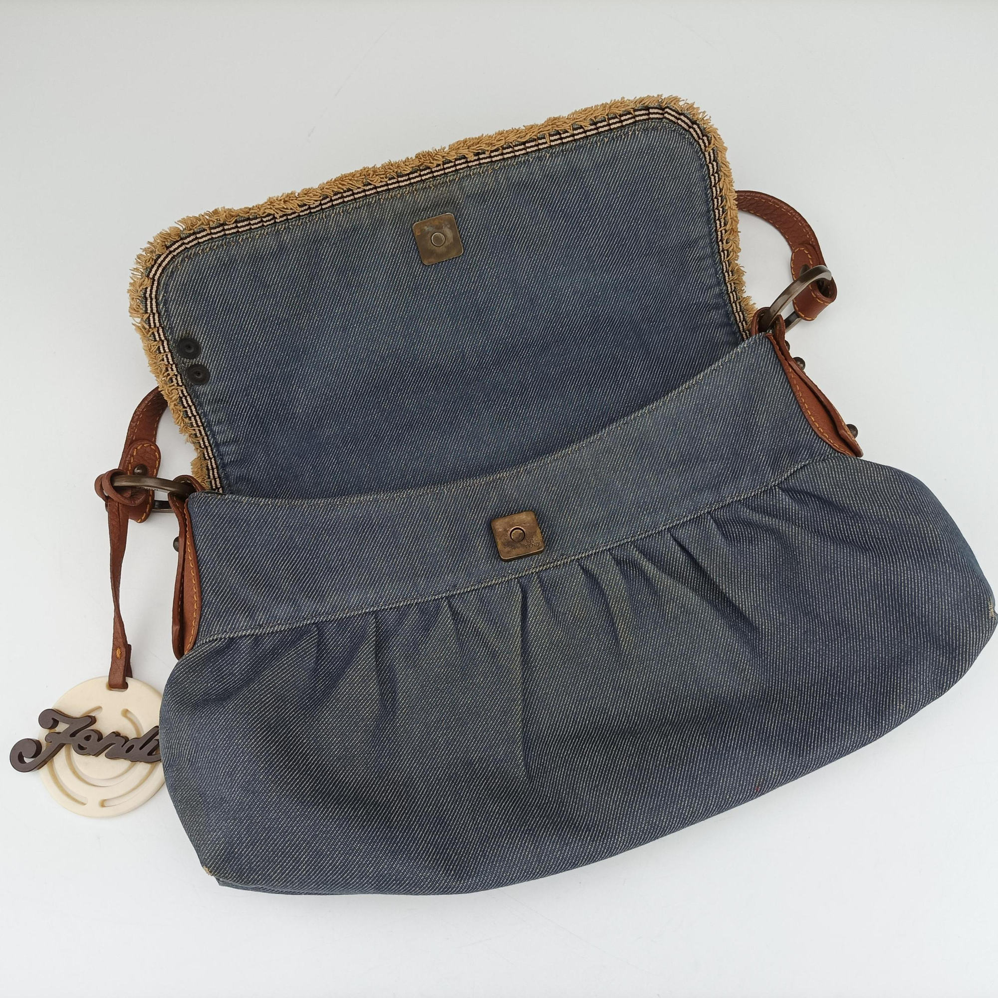 Pre-owned Fendi Chef Blue Denim ×Brown Trim Denim CanvasxCalfskin  shoulderbag | stylenewstar
