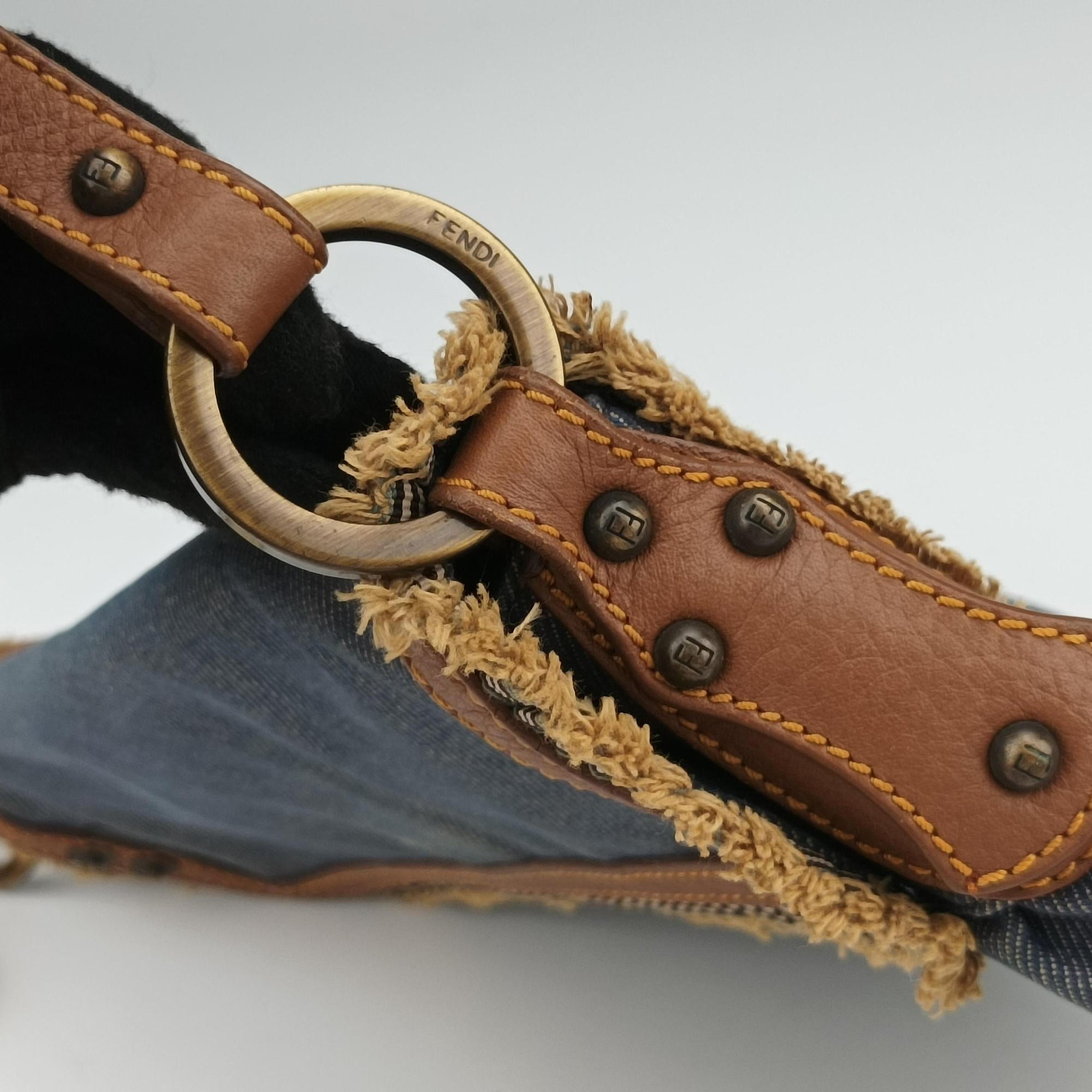 Pre-owned Fendi Chef Blue Denim ×Brown Trim Denim CanvasxCalfskin  shoulderbag | stylenewstar