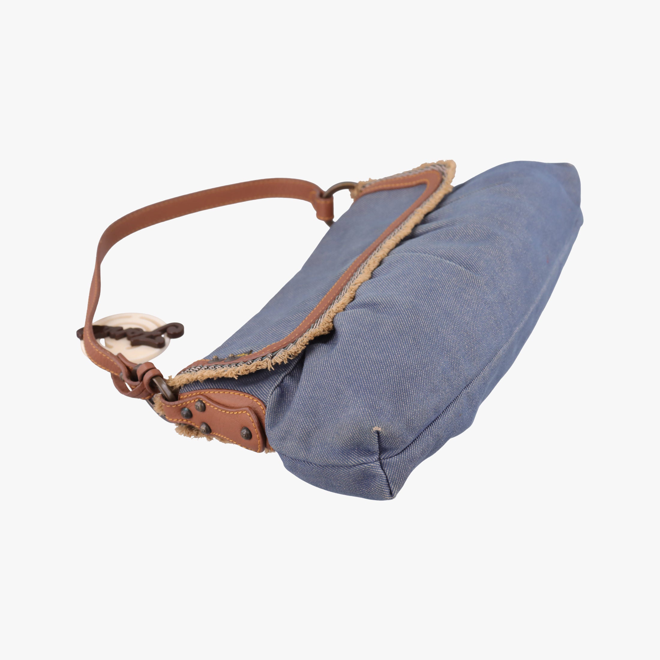 Pre-owned Fendi Chef Blue Denim ×Brown Trim Denim CanvasxCalfskin  shoulderbag | stylenewstar