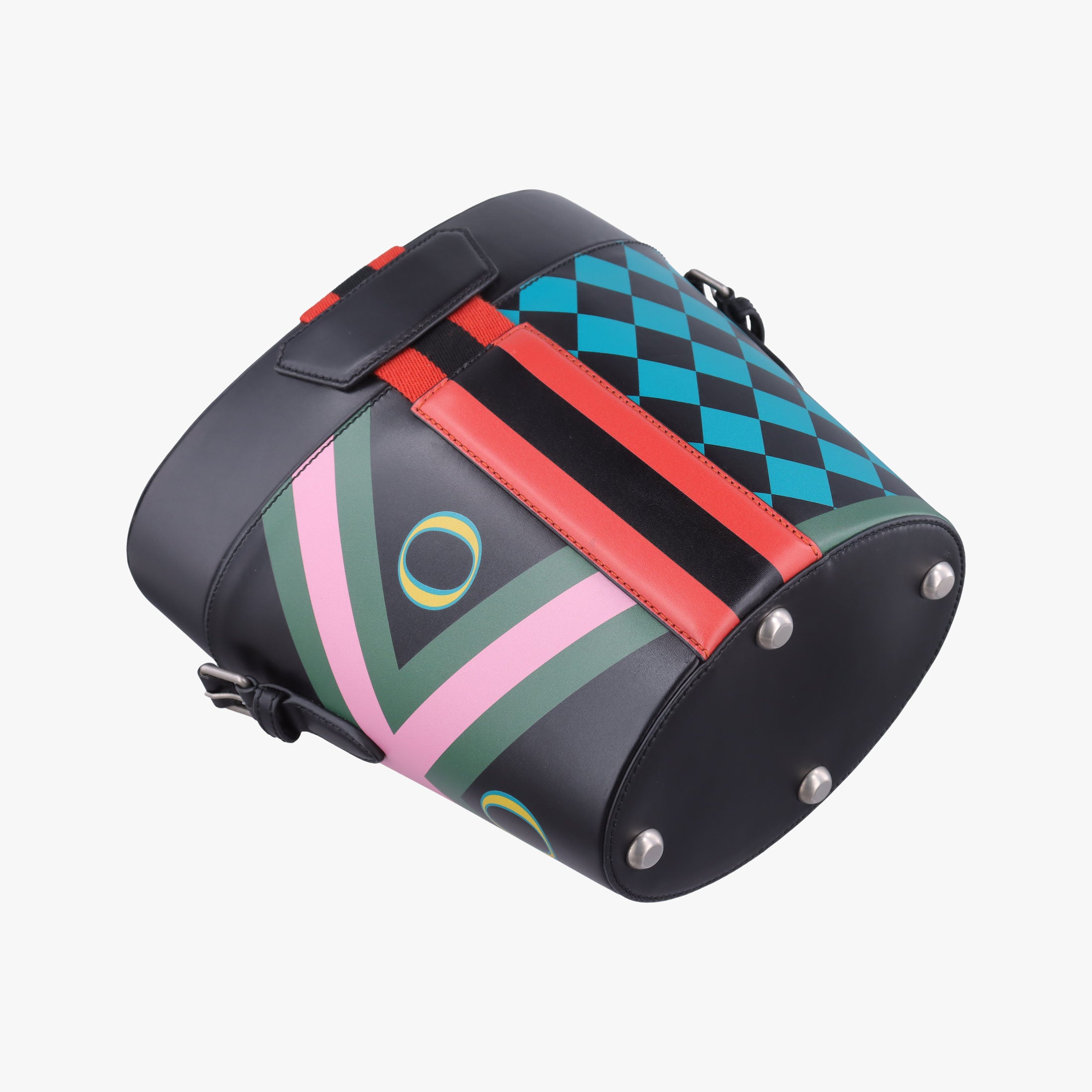 Pre-owned Gucci Printed bucket Black × blue × pink × green Leather 675882 shoulderbag | stylenewstar