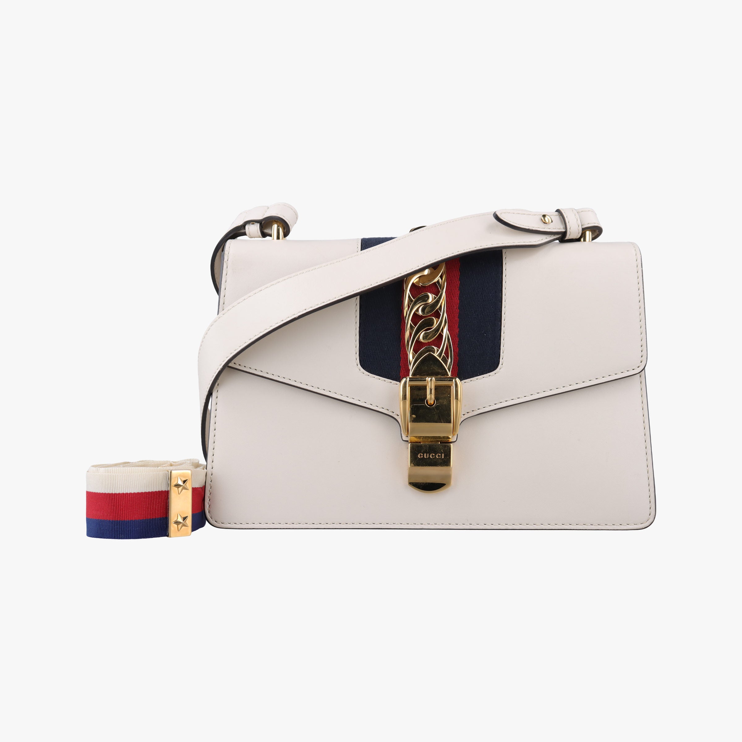 Pre-owned Gucci Sylvie Ivory×navy×red Leather 421882 shoulderbag | stylenewstar