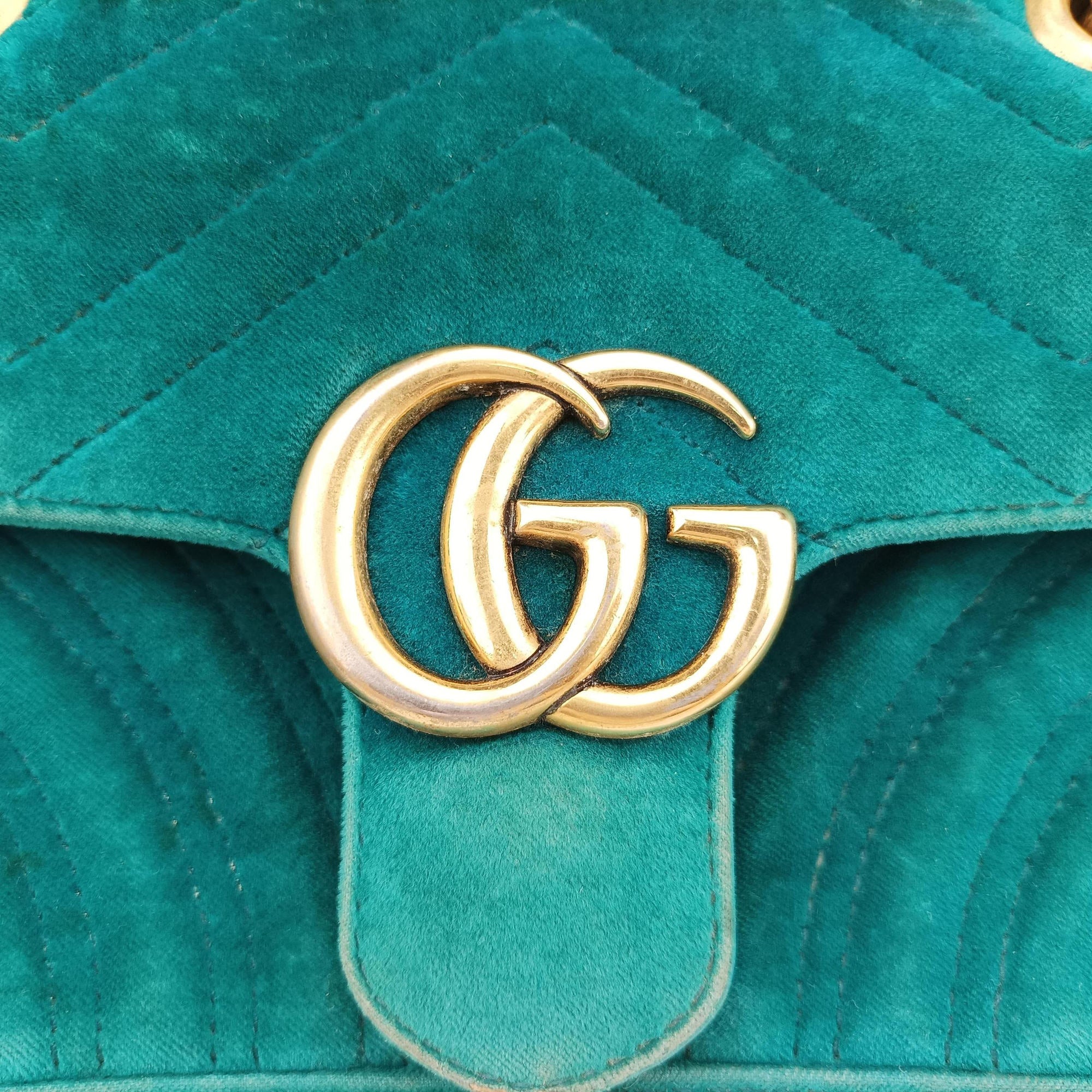 Pre-owned Gucci GG Marmont Blue velour 446744 shoulderbag | stylenewstar