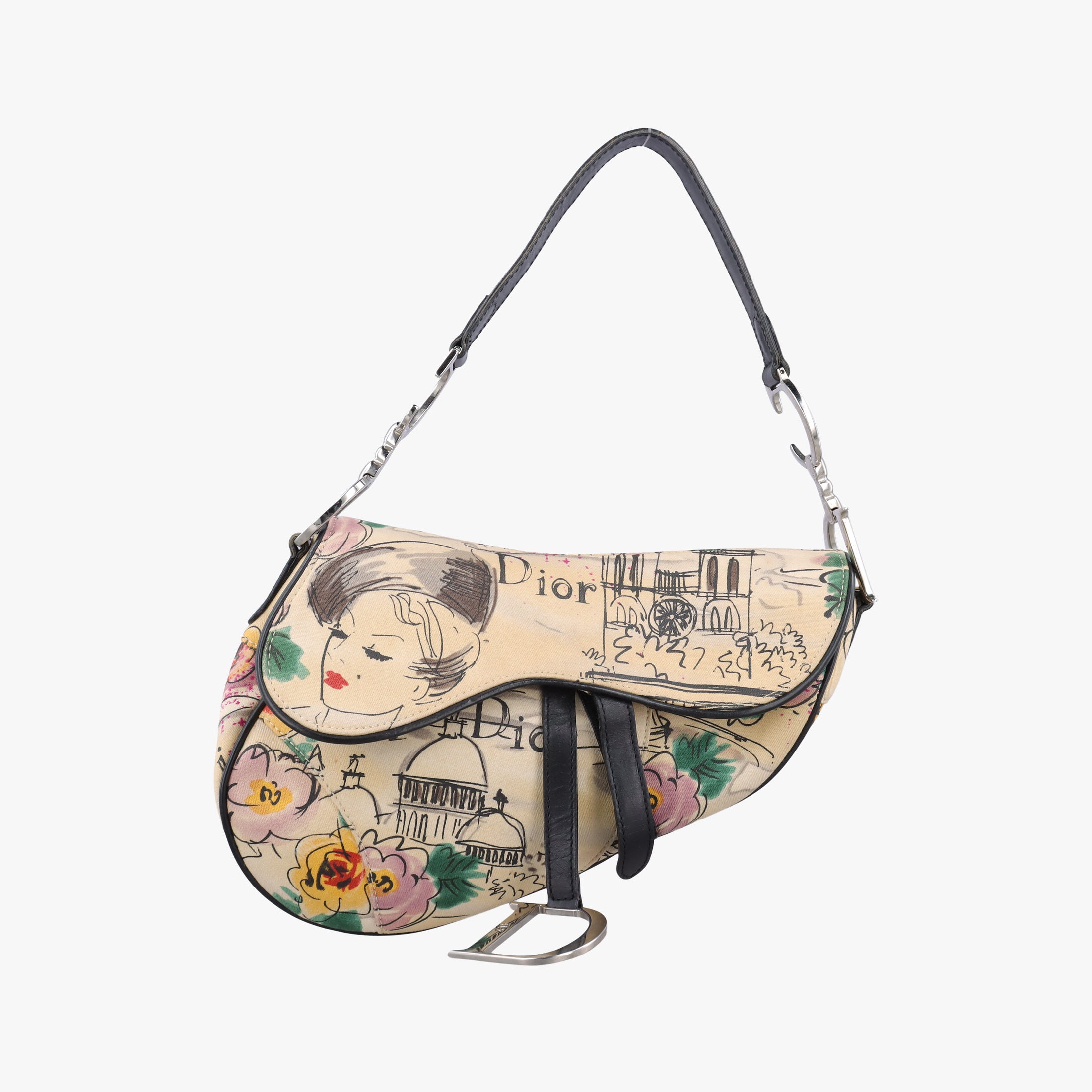 Pre-owned Christian Dior Paris '50s Motif Print Saddle Bag Beige × Multicolor Canvas × Leather  shoulderbag | stylenewstar