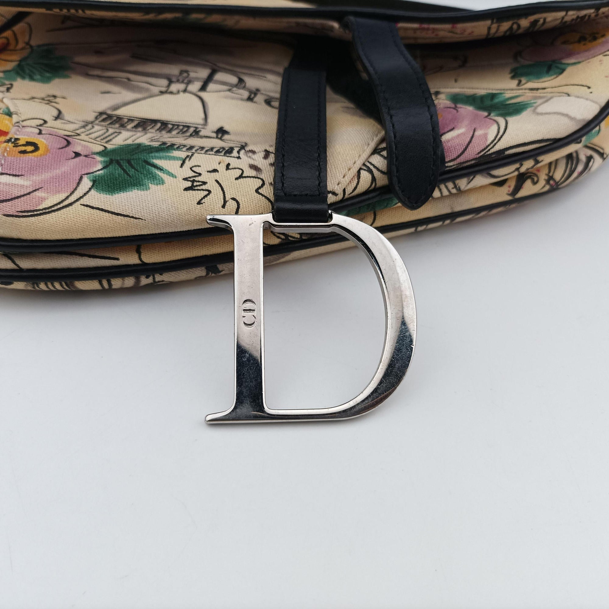 Pre-owned Christian Dior Paris '50s Motif Print Saddle Bag Beige × Multicolor Canvas × Leather  shoulderbag | stylenewstar