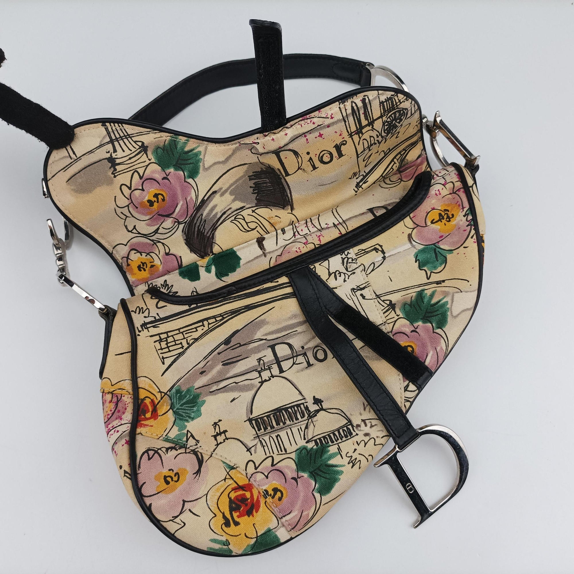Pre-owned Christian Dior Paris '50s Motif Print Saddle Bag Beige × Multicolor Canvas × Leather  shoulderbag | stylenewstar