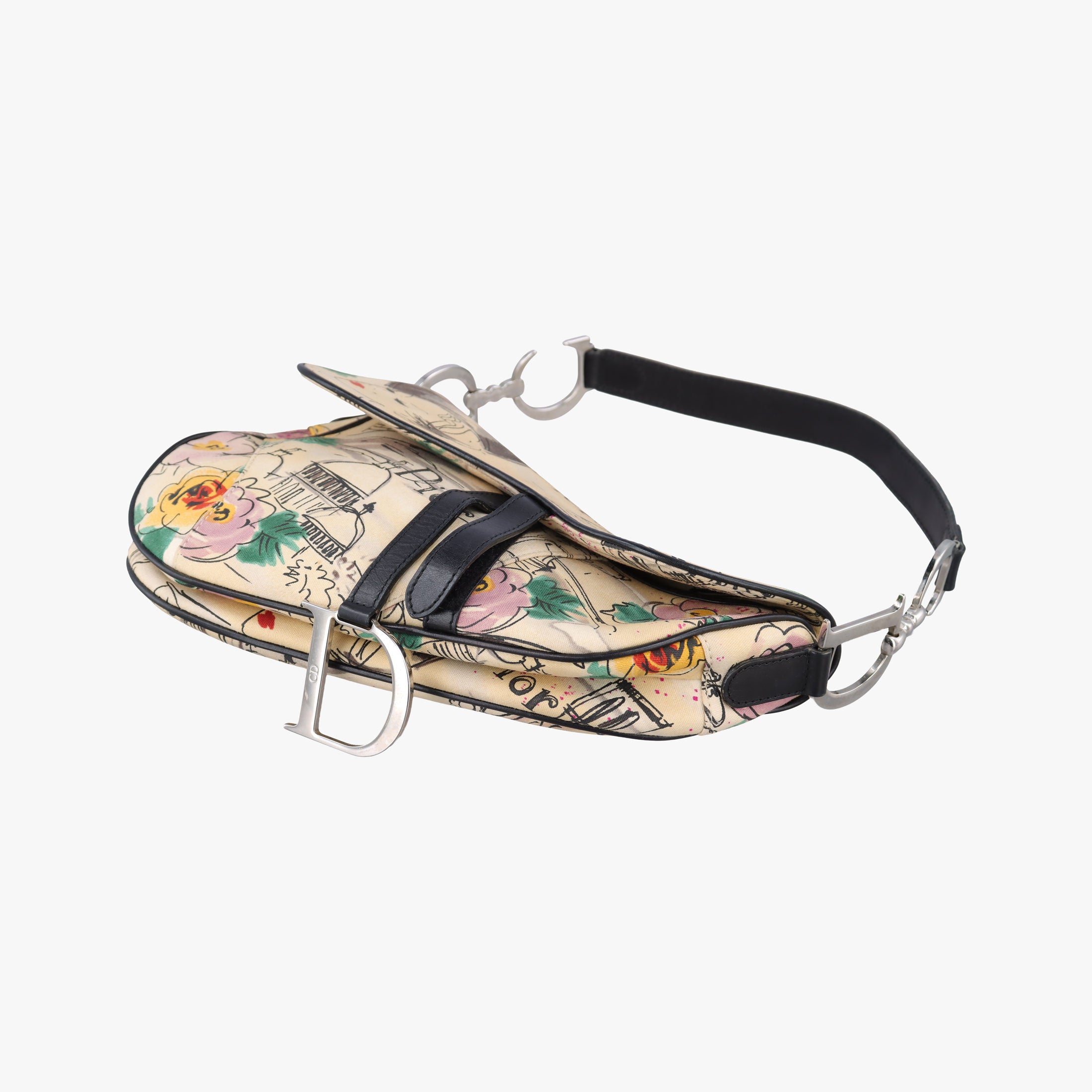 Pre-owned Christian Dior Paris '50s Motif Print Saddle Bag Beige × Multicolor Canvas × Leather  shoulderbag | stylenewstar