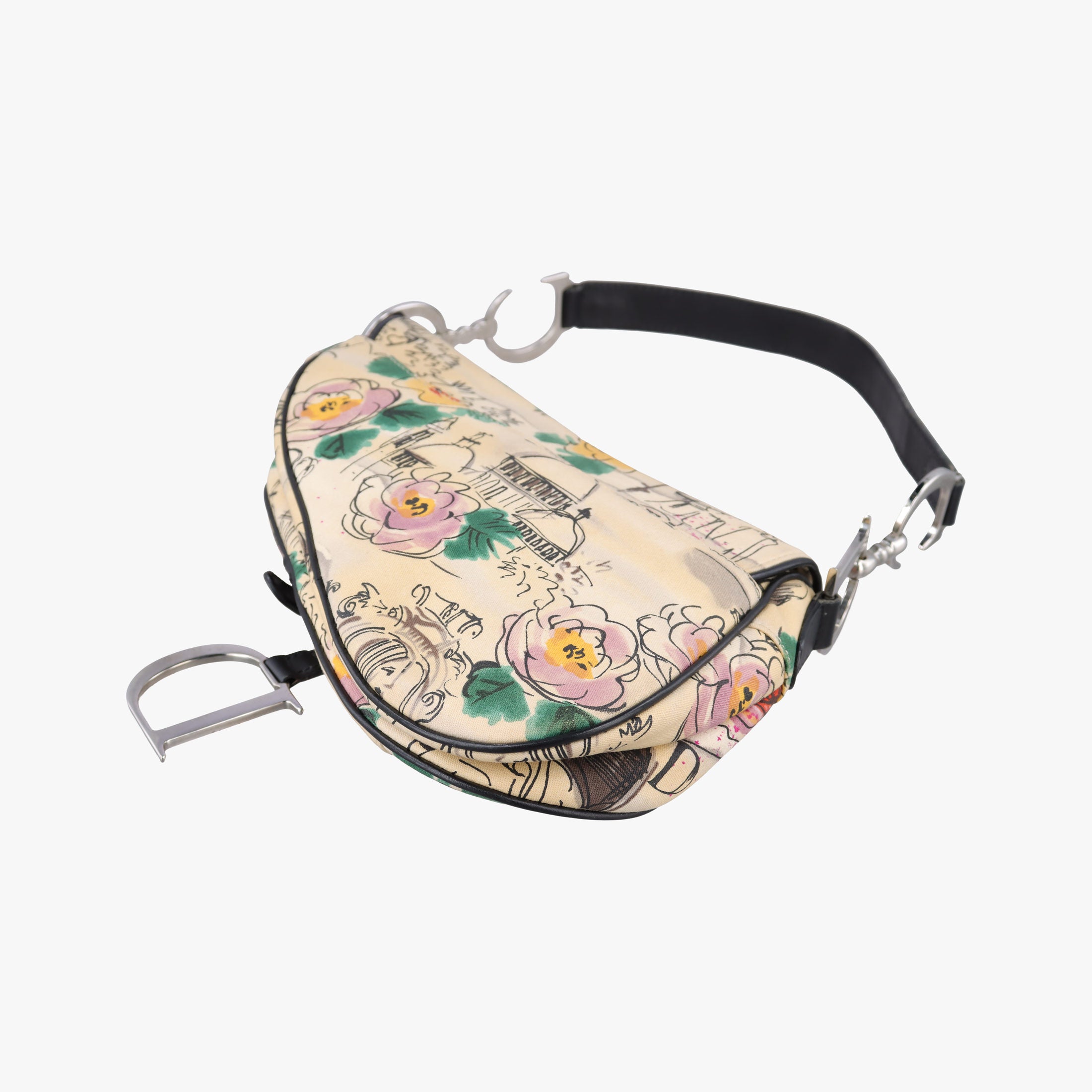 Pre-owned Christian Dior Paris '50s Motif Print Saddle Bag Beige × Multicolor Canvas × Leather  shoulderbag | stylenewstar