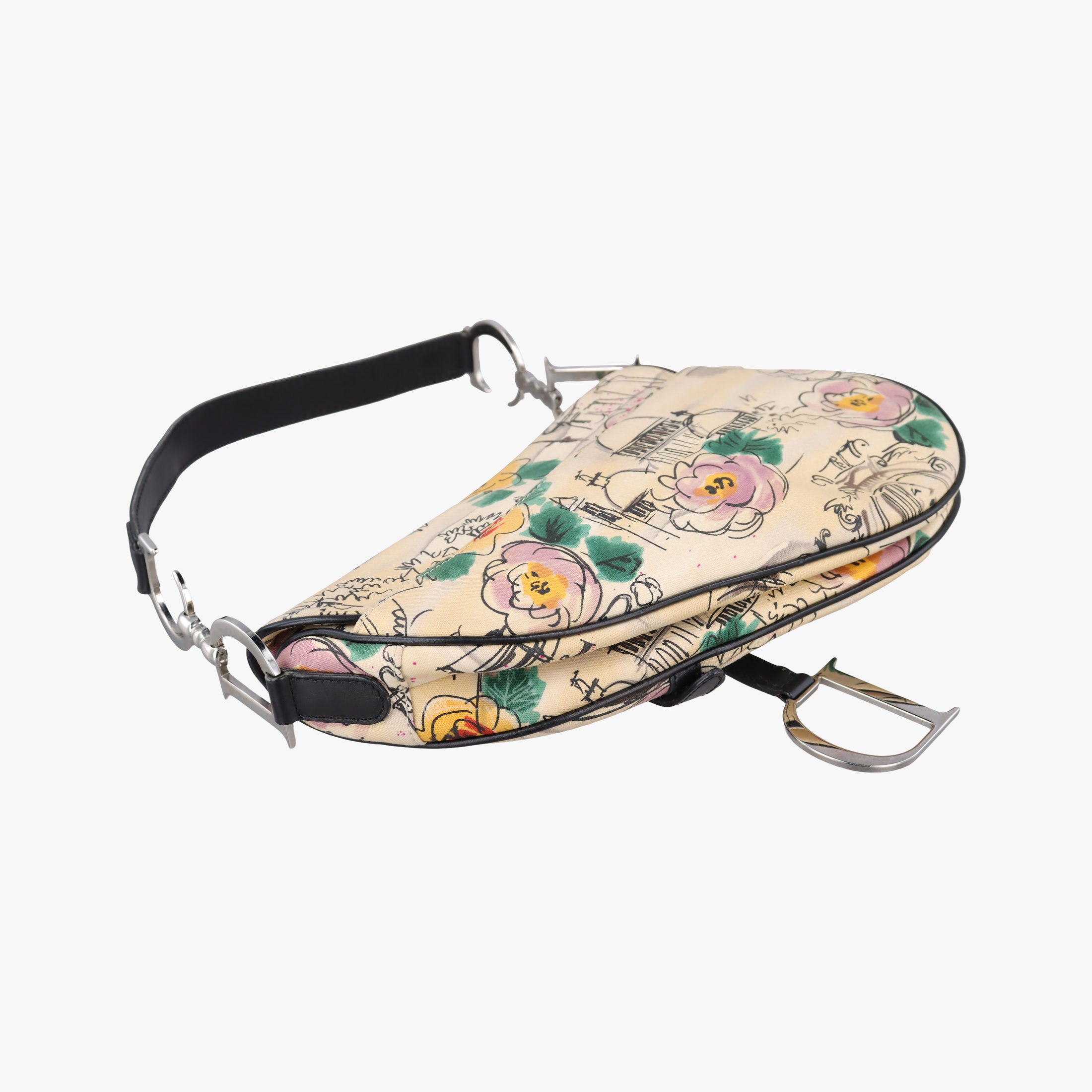 Pre-owned Christian Dior Paris '50s Motif Print Saddle Bag Beige × Multicolor Canvas × Leather  shoulderbag | stylenewstar