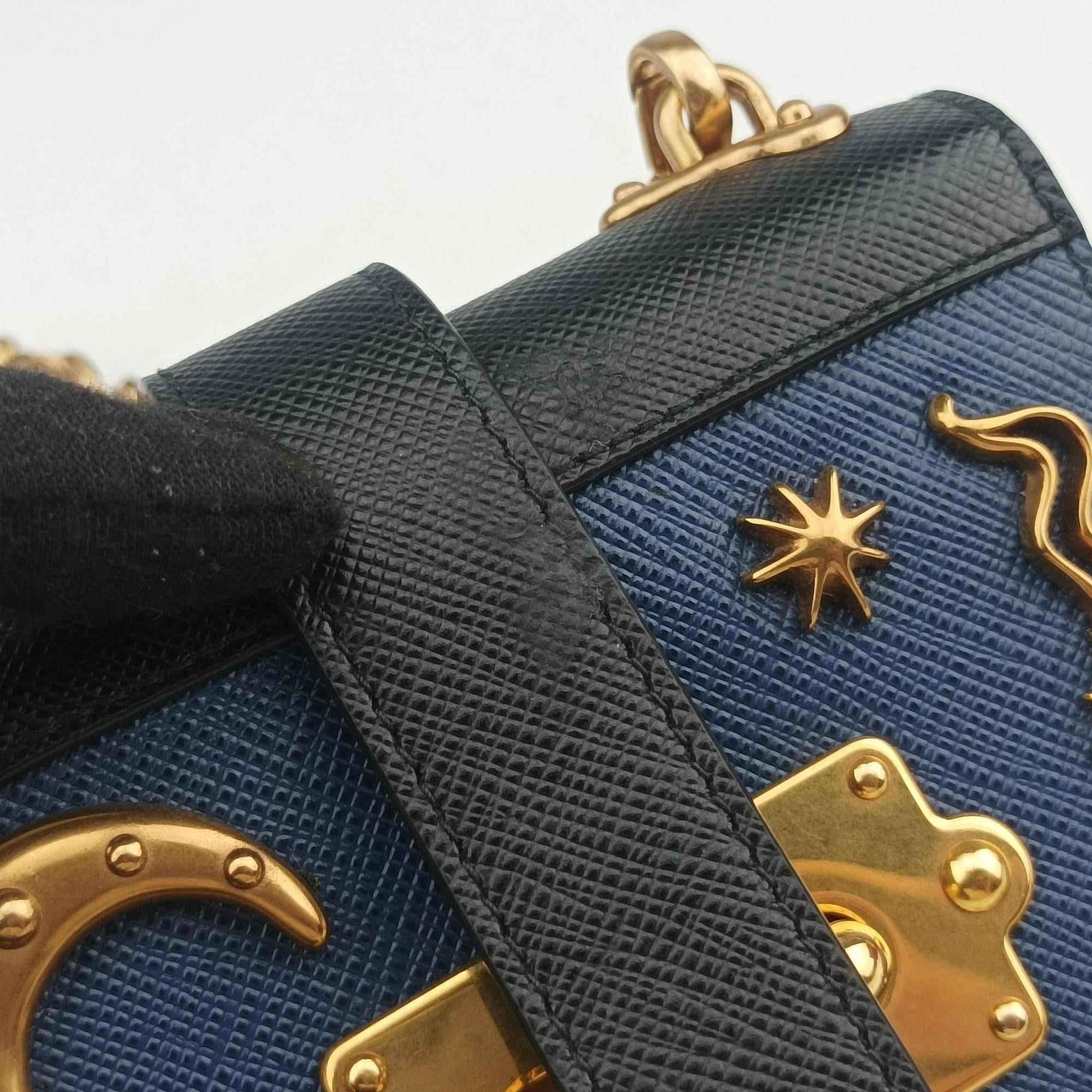 Pre-owned Prada Cahier Celestial Baltico ×Black Saffiano Leather × Smooth Leather  shoulderbag | stylenewstar