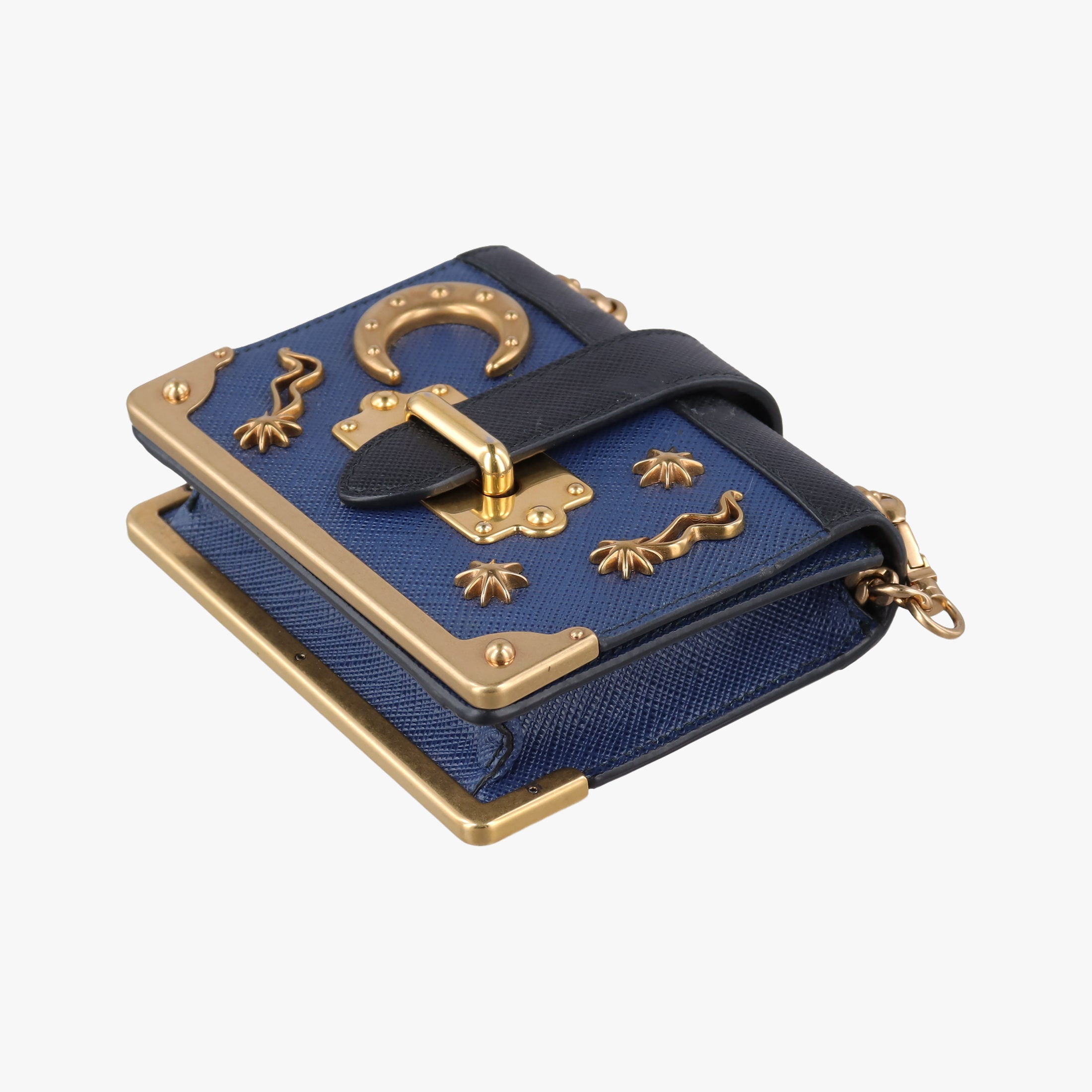 Pre-owned Prada Cahier Celestial Baltico ×Black Saffiano Leather × Smooth Leather  shoulderbag | stylenewstar