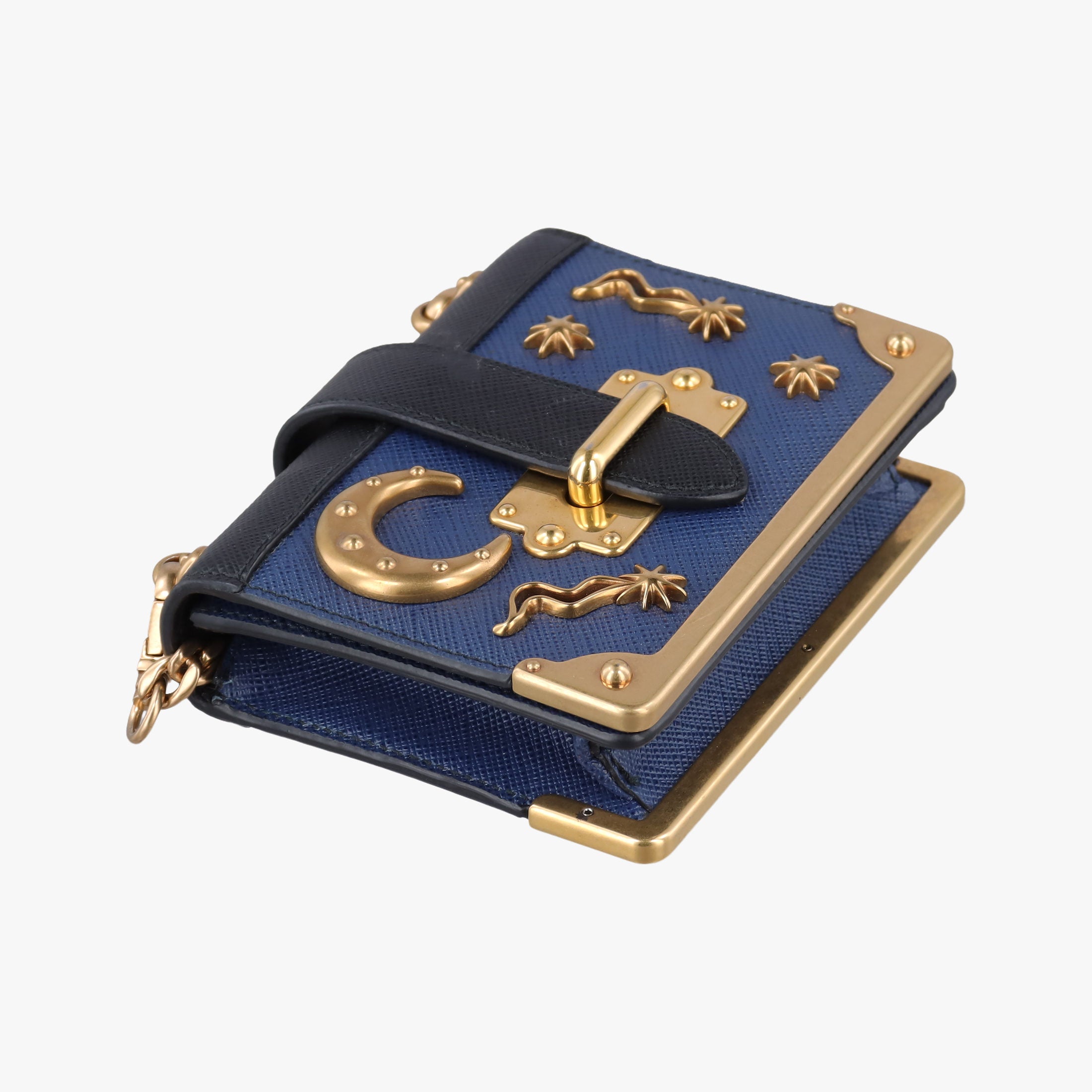 Pre-owned Prada Cahier Celestial Baltico ×Black Saffiano Leather × Smooth Leather  shoulderbag | stylenewstar