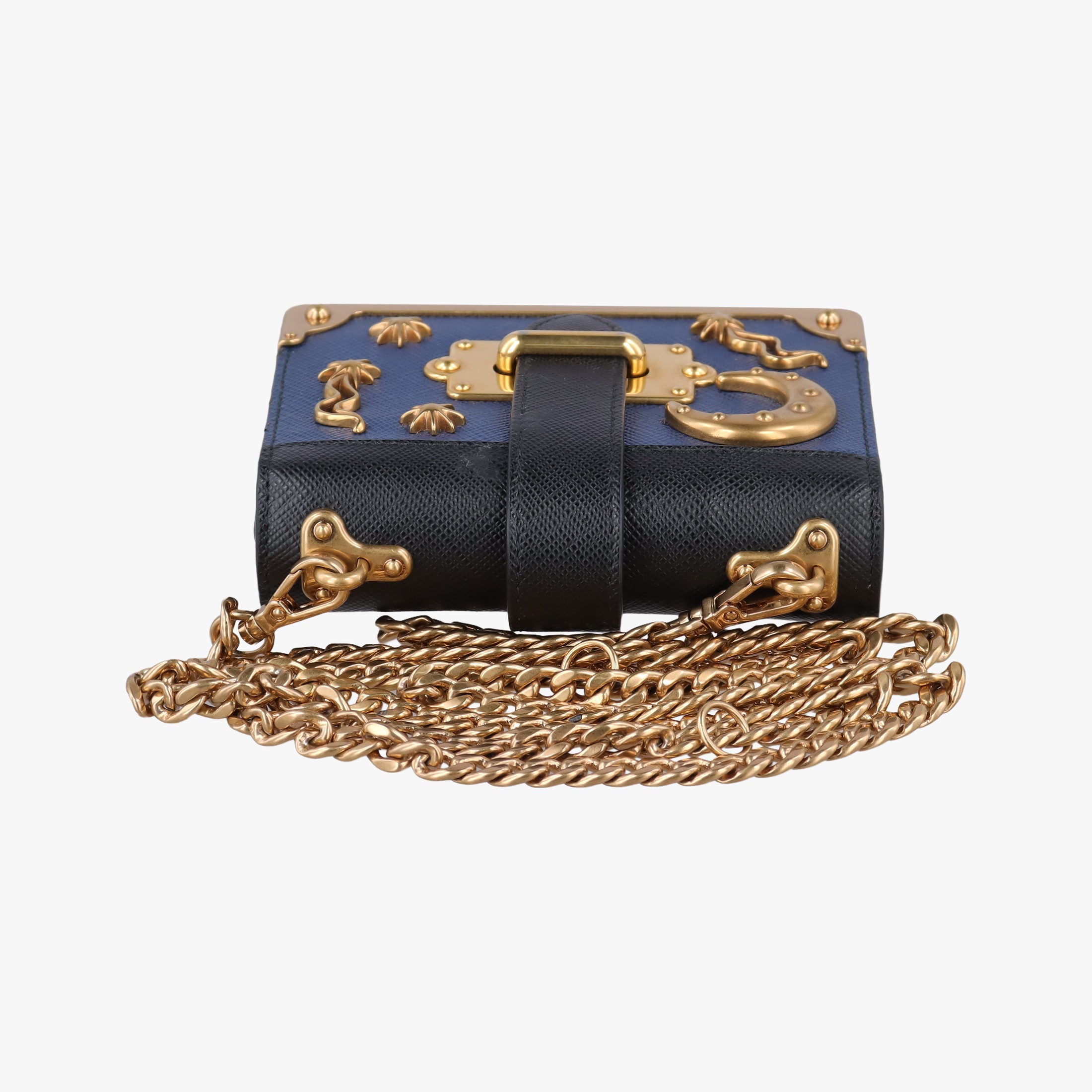 Pre-owned Prada Cahier Celestial Baltico ×Black Saffiano Leather × Smooth Leather  shoulderbag | stylenewstar