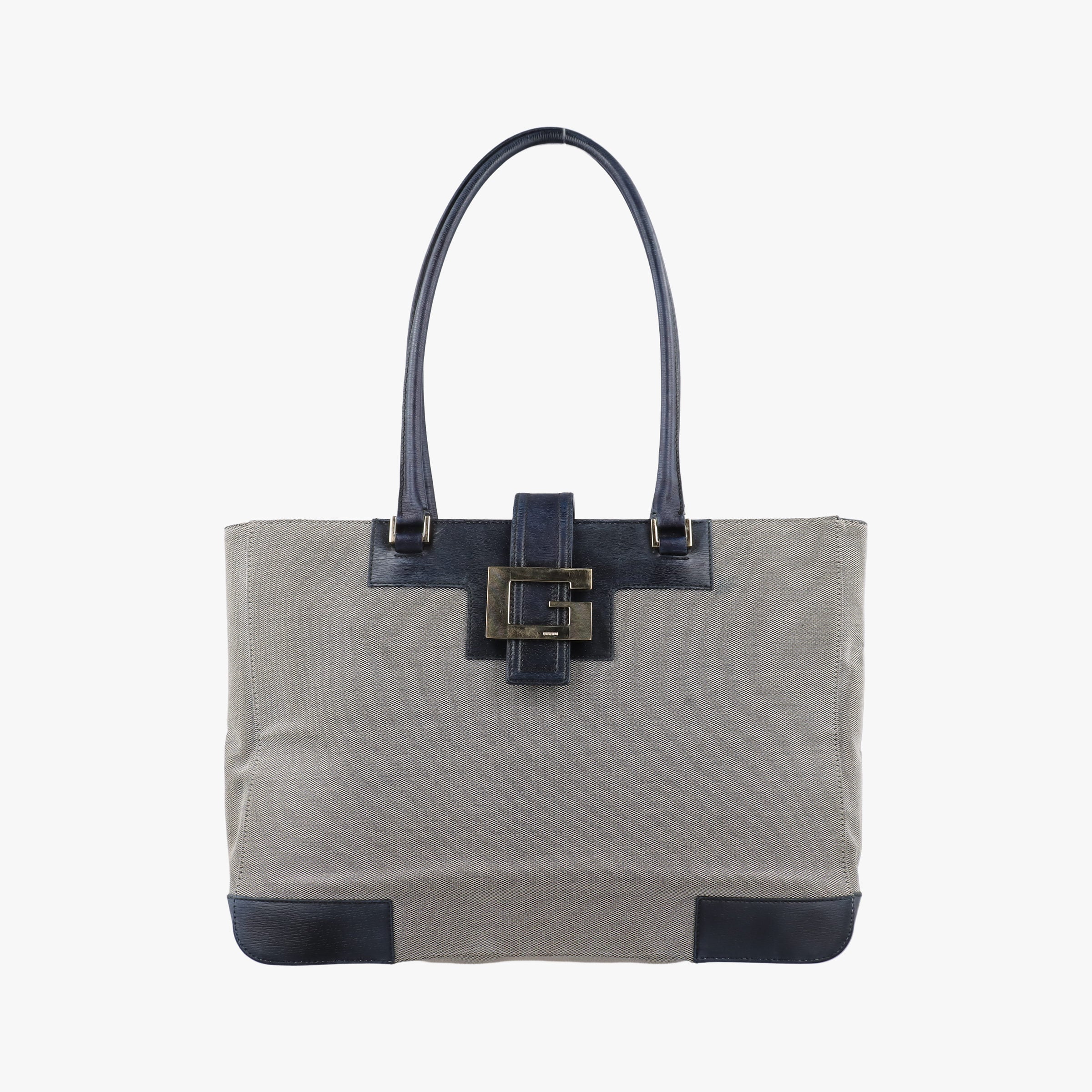 Pre-owned Gucci G logo tote Gray×Navy Leather×Canvas 002.11 shoulderbag | stylenewstar