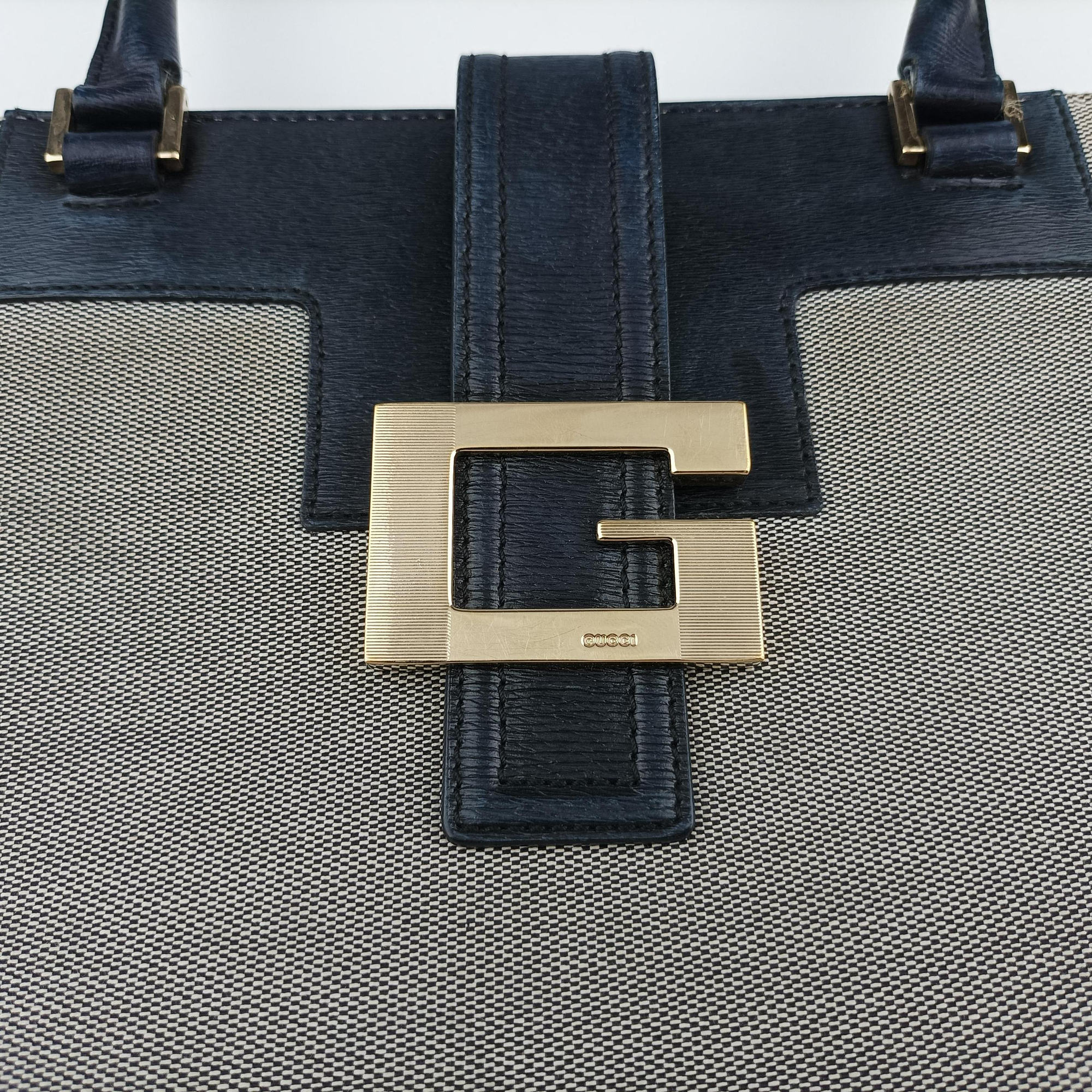 Pre-owned Gucci G logo tote Gray×Navy Leather×Canvas 002.11 shoulderbag | stylenewstar