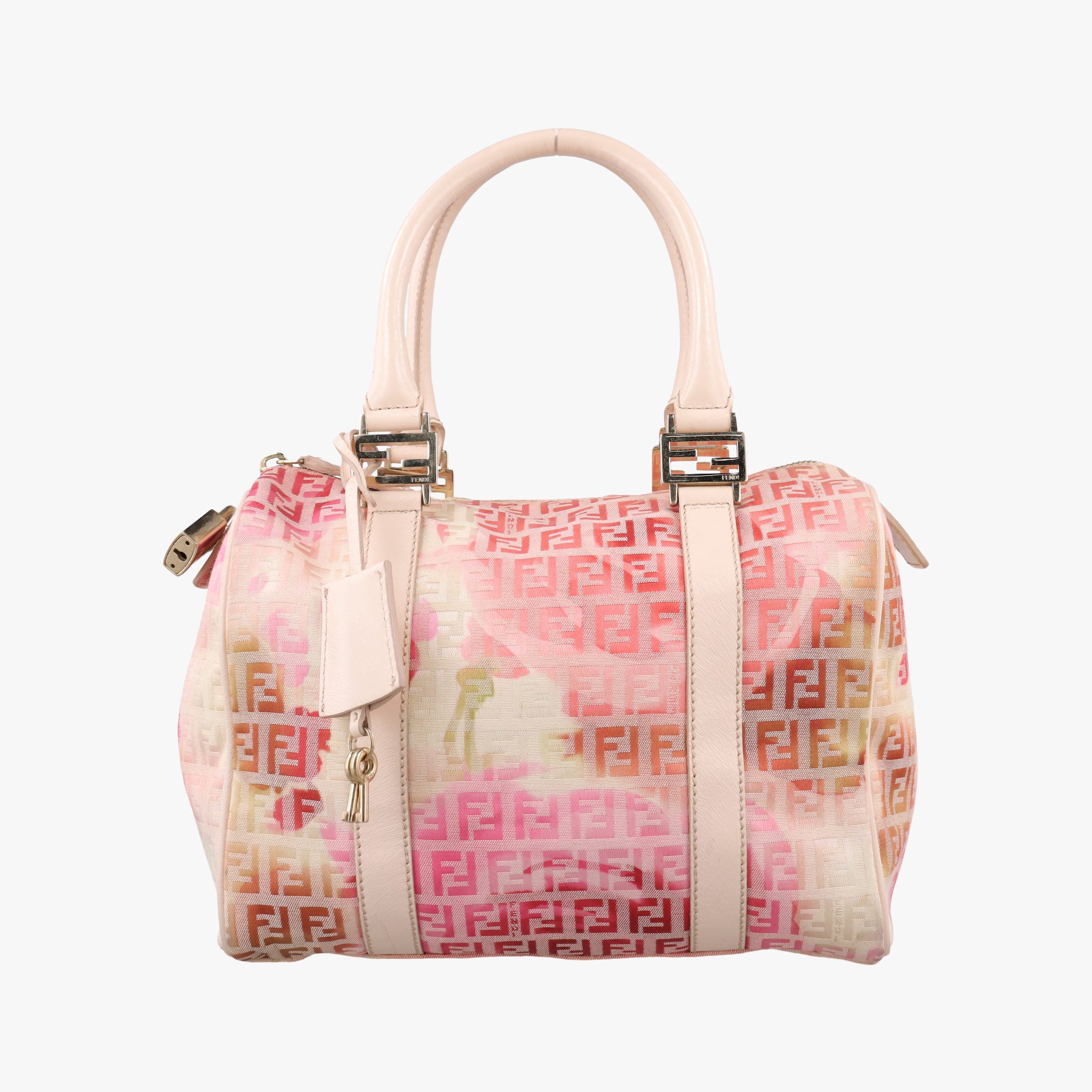 Pre-owned Fendi Zucchino Forever Bauletto Pink×Multicolour canvas×leather 8BL068 handbag | stylenewstar