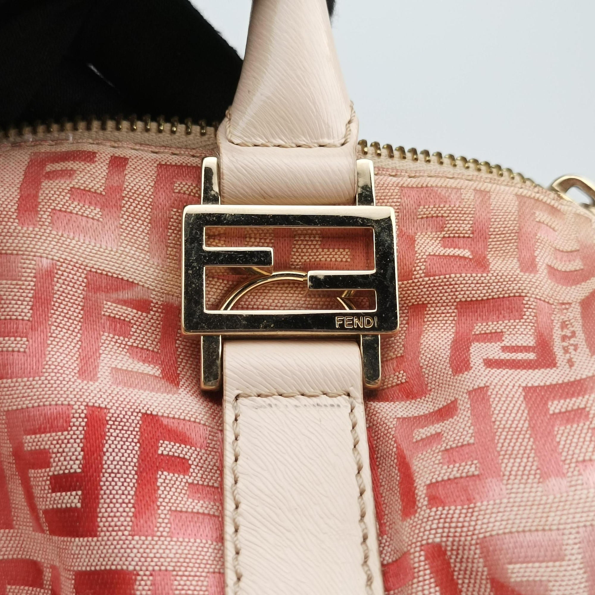 Pre-owned Fendi Zucchino Forever Bauletto Pink×Multicolour canvas×leather 8BL068 handbag | stylenewstar