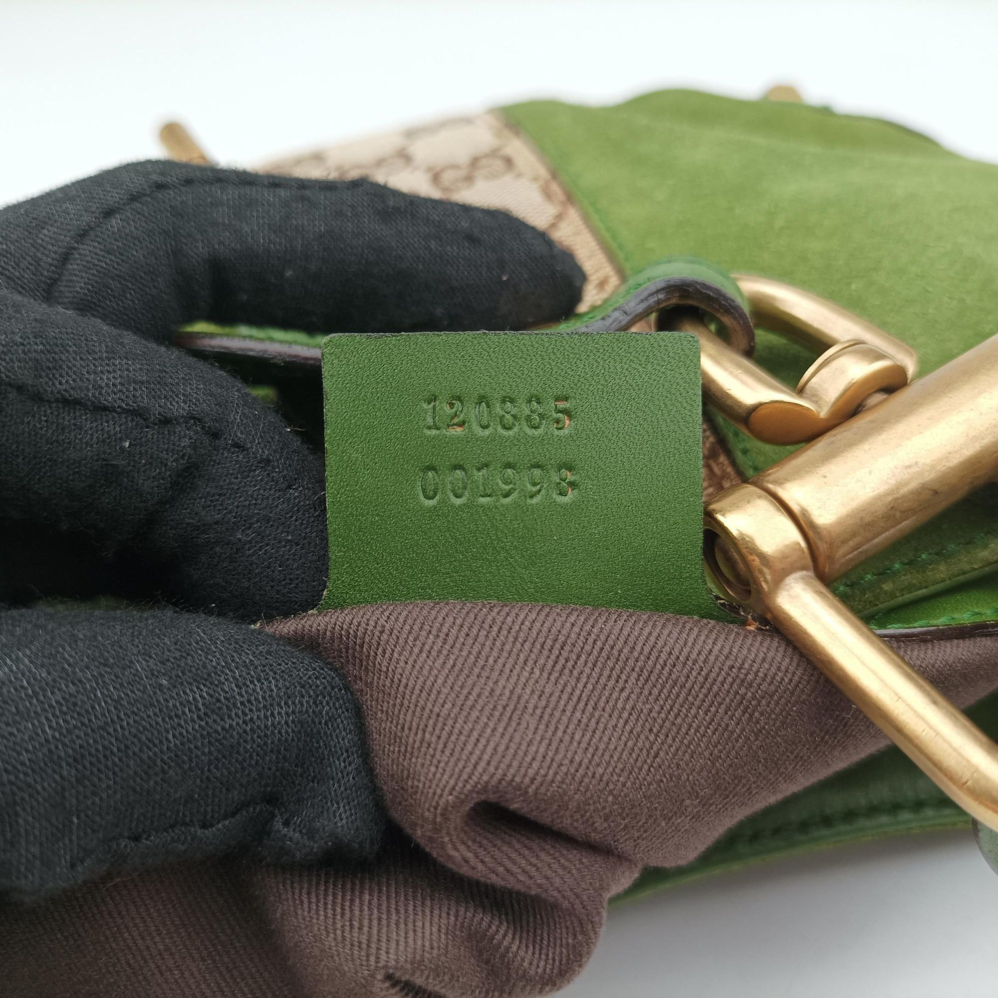 Secondhand Gucci Piston Lock Jackie Hobo Green Suede × Canvas 120885 shoulderbag | stylenewstar