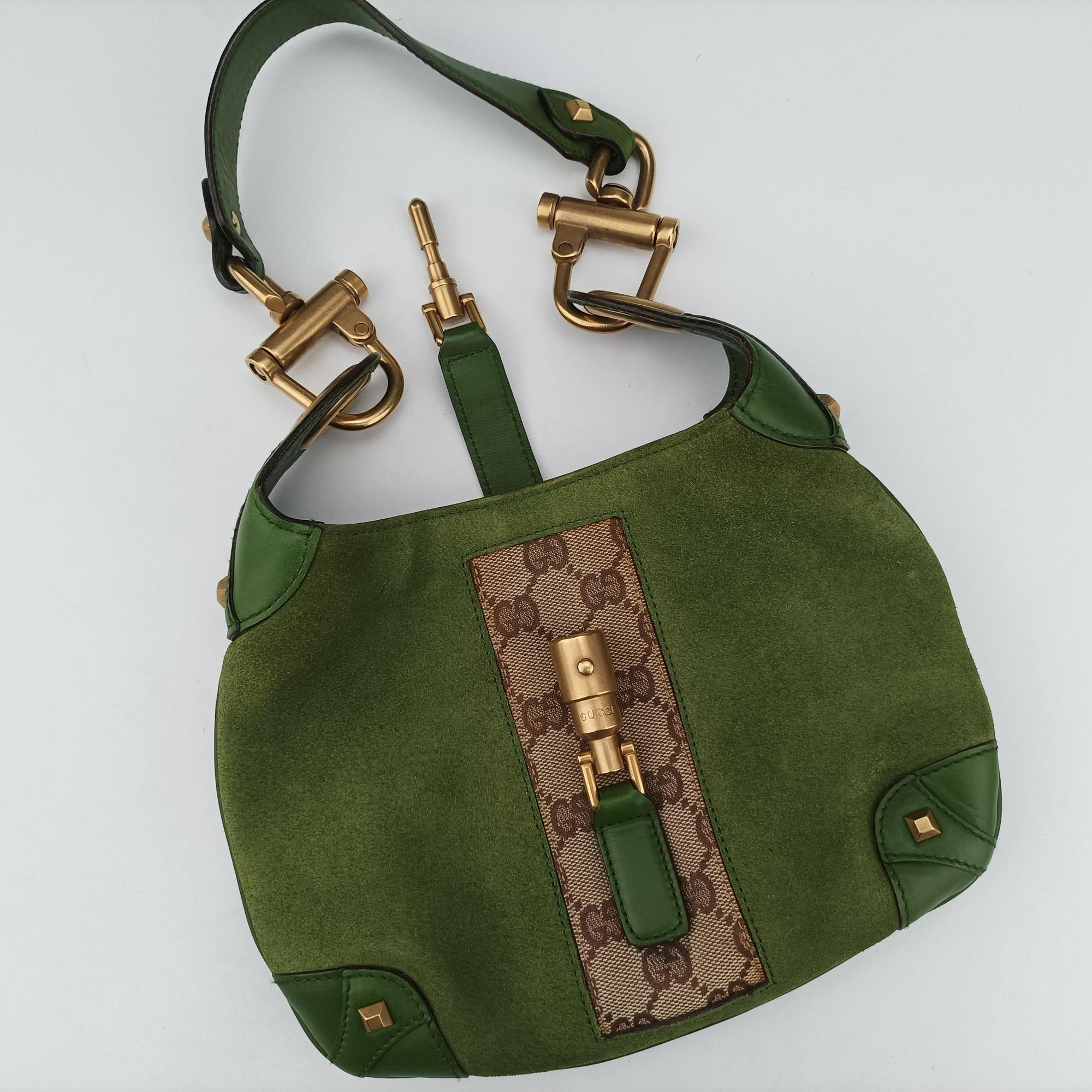 Secondhand Gucci Piston Lock Jackie Hobo Green Suede × Canvas 120885 shoulderbag | stylenewstar
