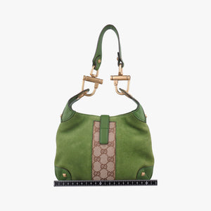 Secondhand Gucci Piston Lock Jackie Hobo Green Suede × Canvas 120885 shoulderbag | stylenewstar
