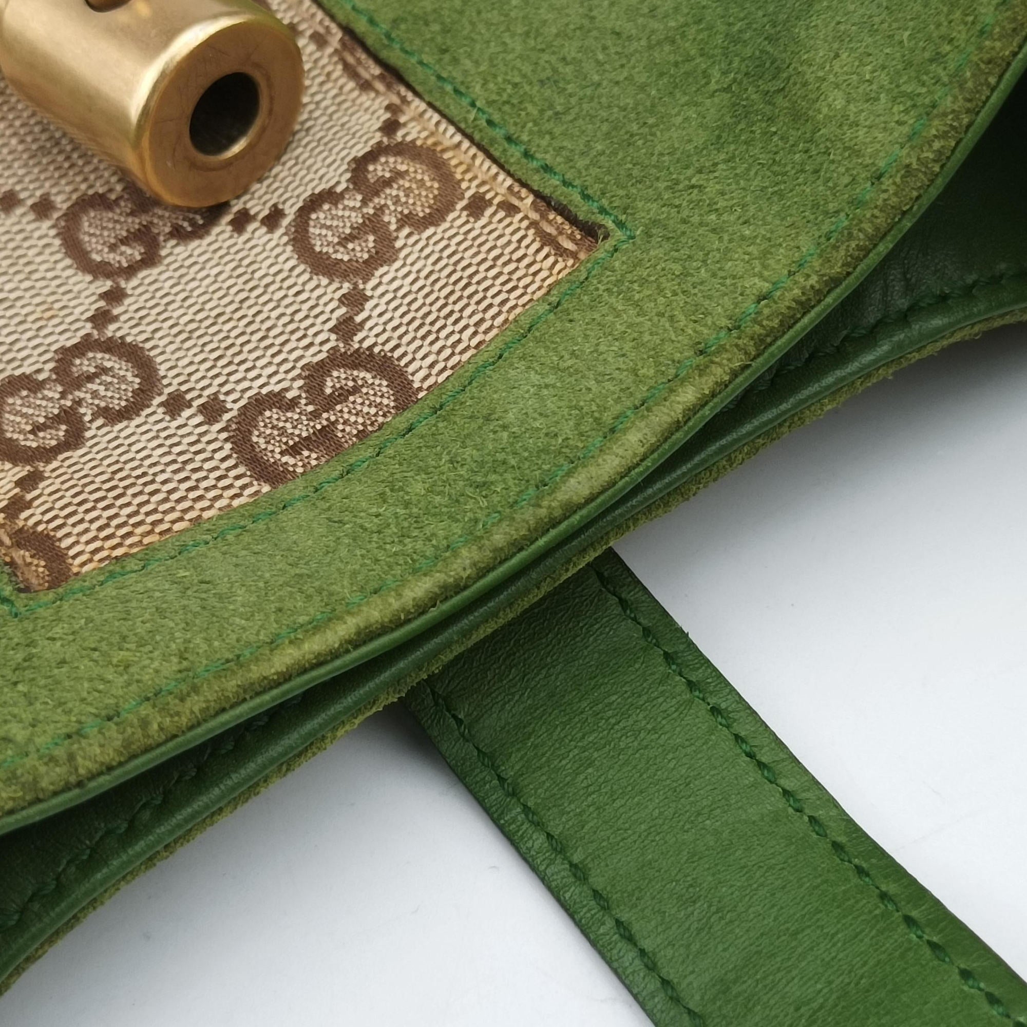 Secondhand Gucci Piston Lock Jackie Hobo Green Suede × Canvas 120885 shoulderbag | stylenewstar