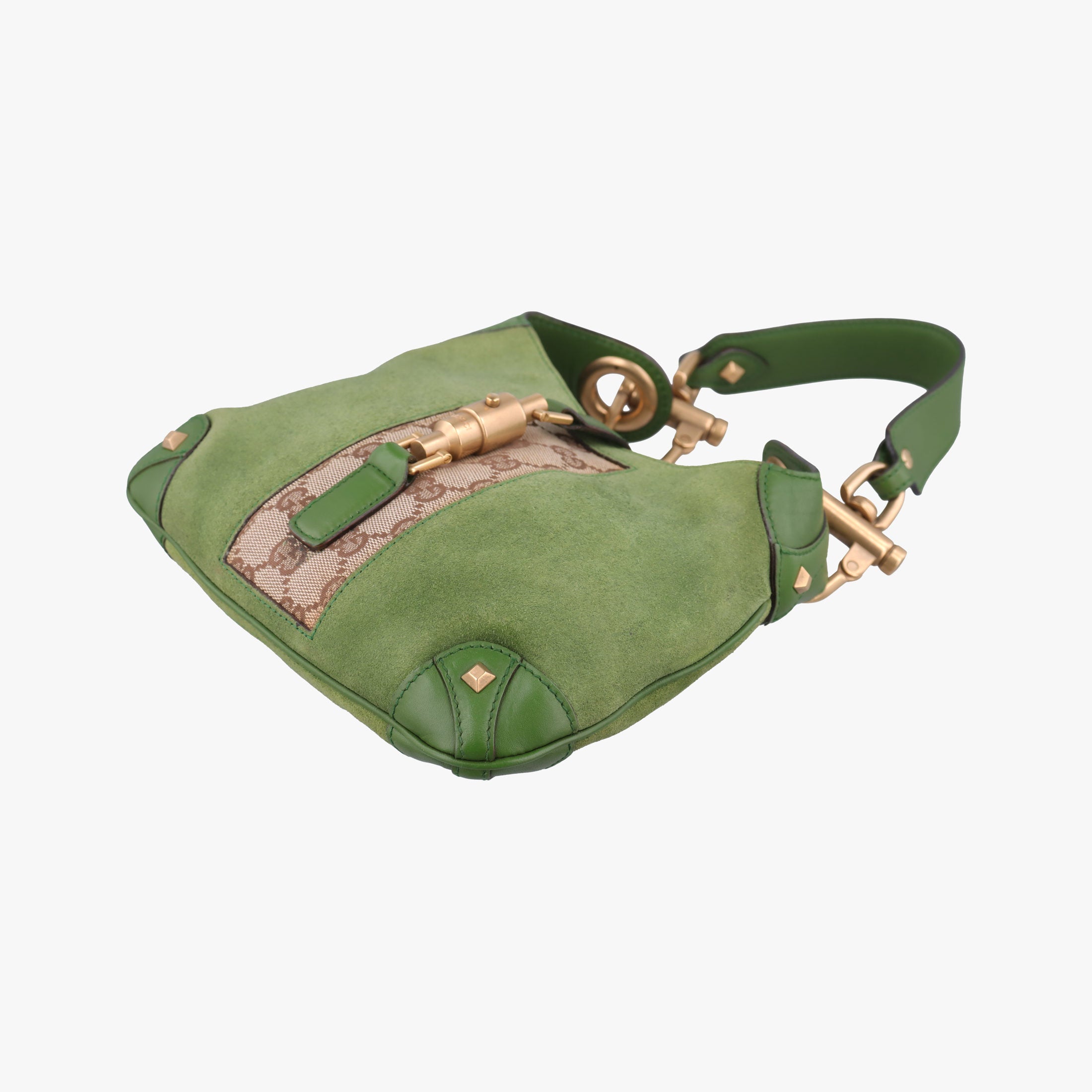 Secondhand Gucci Piston Lock Jackie Hobo Green Suede × Canvas 120885 shoulderbag | stylenewstar