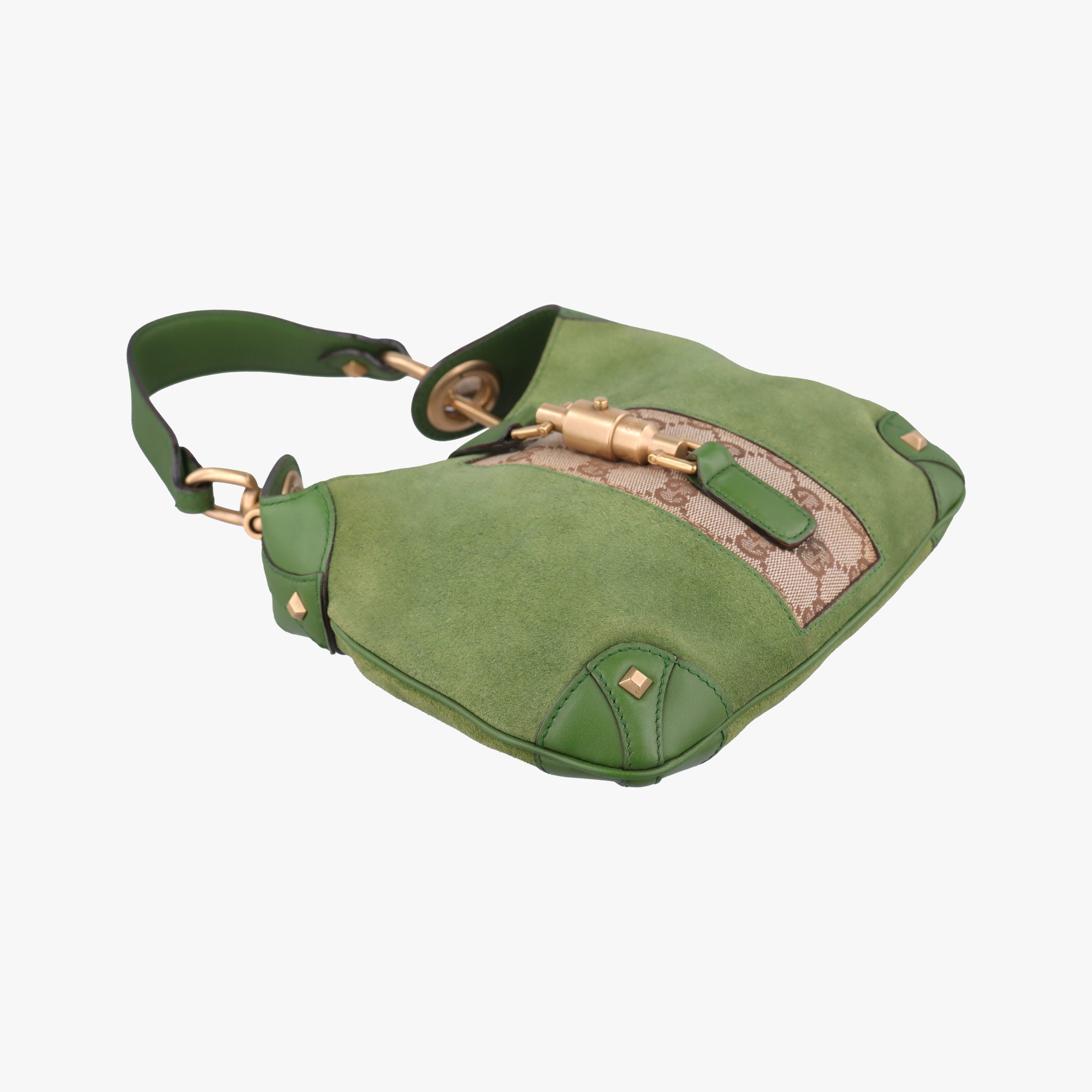 Secondhand Gucci Piston Lock Jackie Hobo Green Suede × Canvas 120885 shoulderbag | stylenewstar