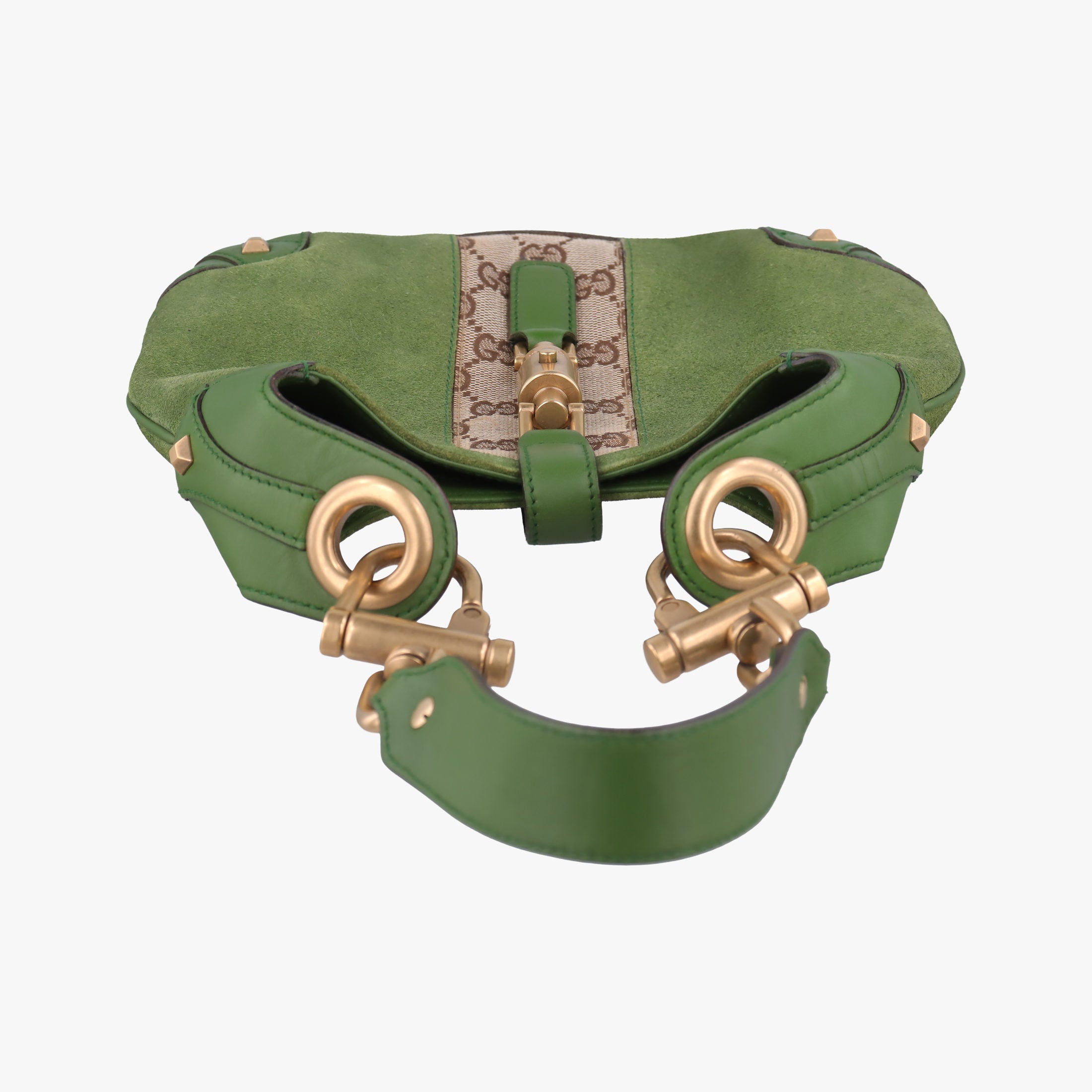 Secondhand Gucci Piston Lock Jackie Hobo Green Suede × Canvas 120885 shoulderbag | stylenewstar