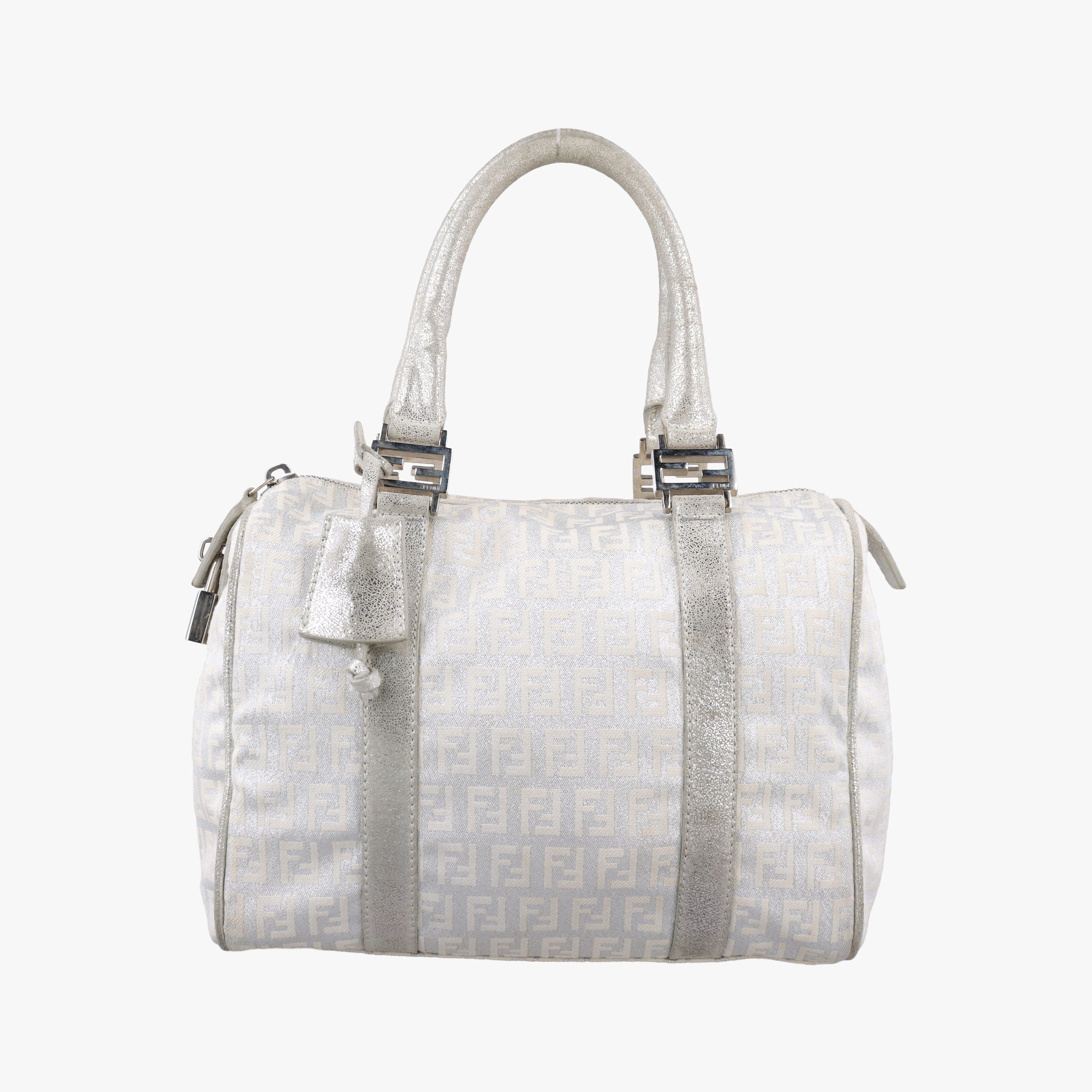 Pre-owned Fendi Zucchino Glitter Logo Silver canvas 8BL068 handbag | stylenewstar