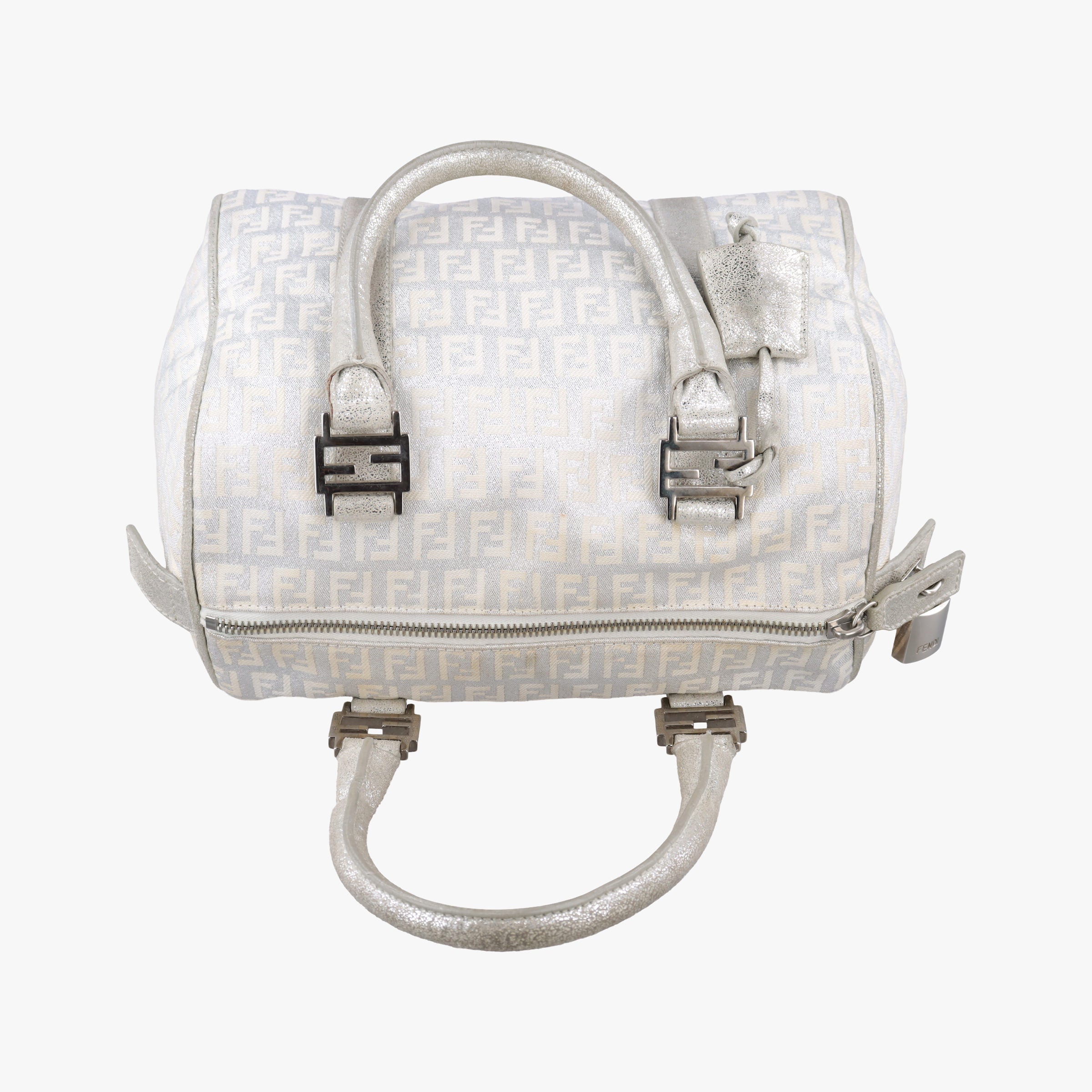 Pre-owned Fendi Zucchino Glitter Logo Silver canvas 8BL068 handbag | stylenewstar