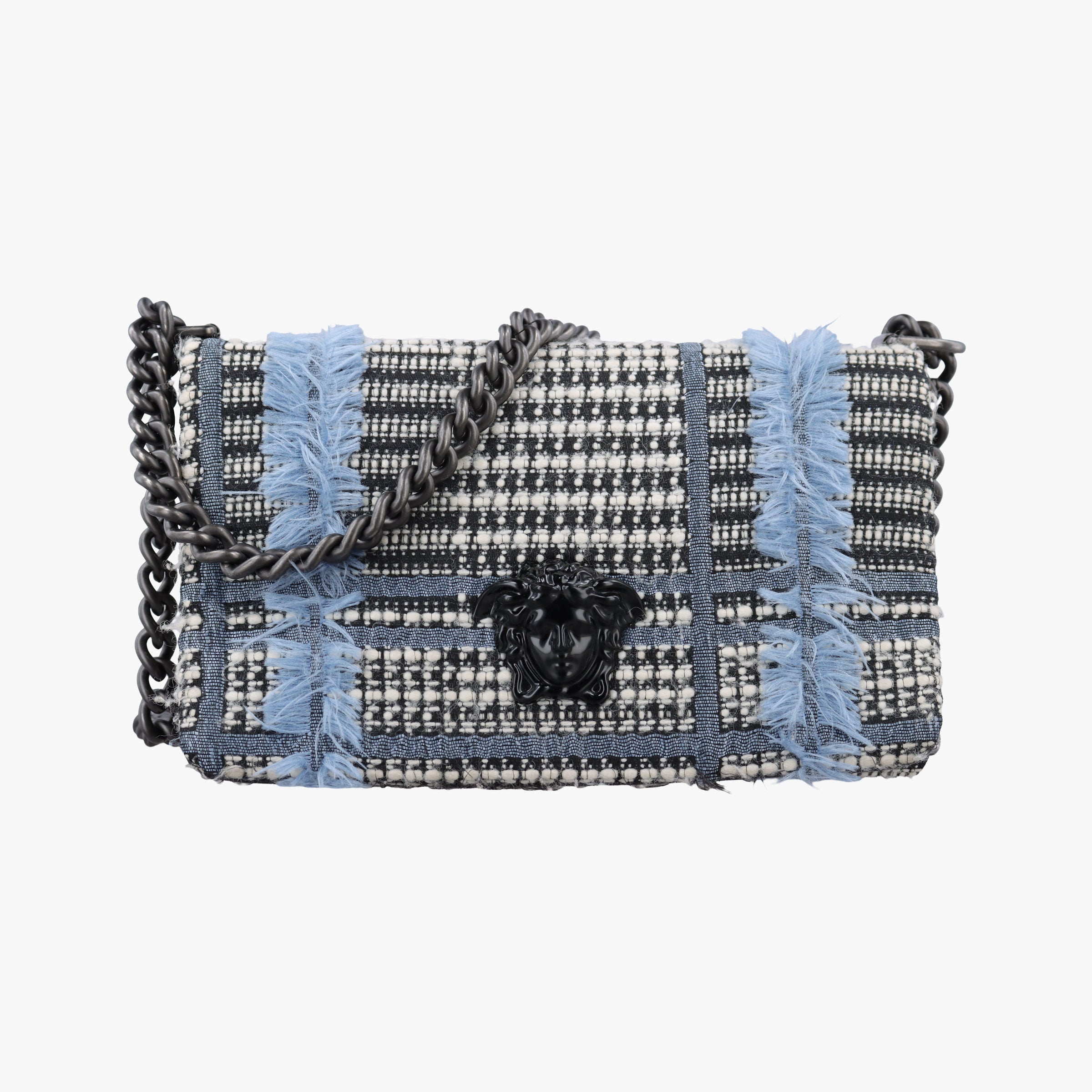 Secondhand VERSACE Palazzo Sultan Blue×White Tweed  & Leather  shoulderbag | stylenewstar