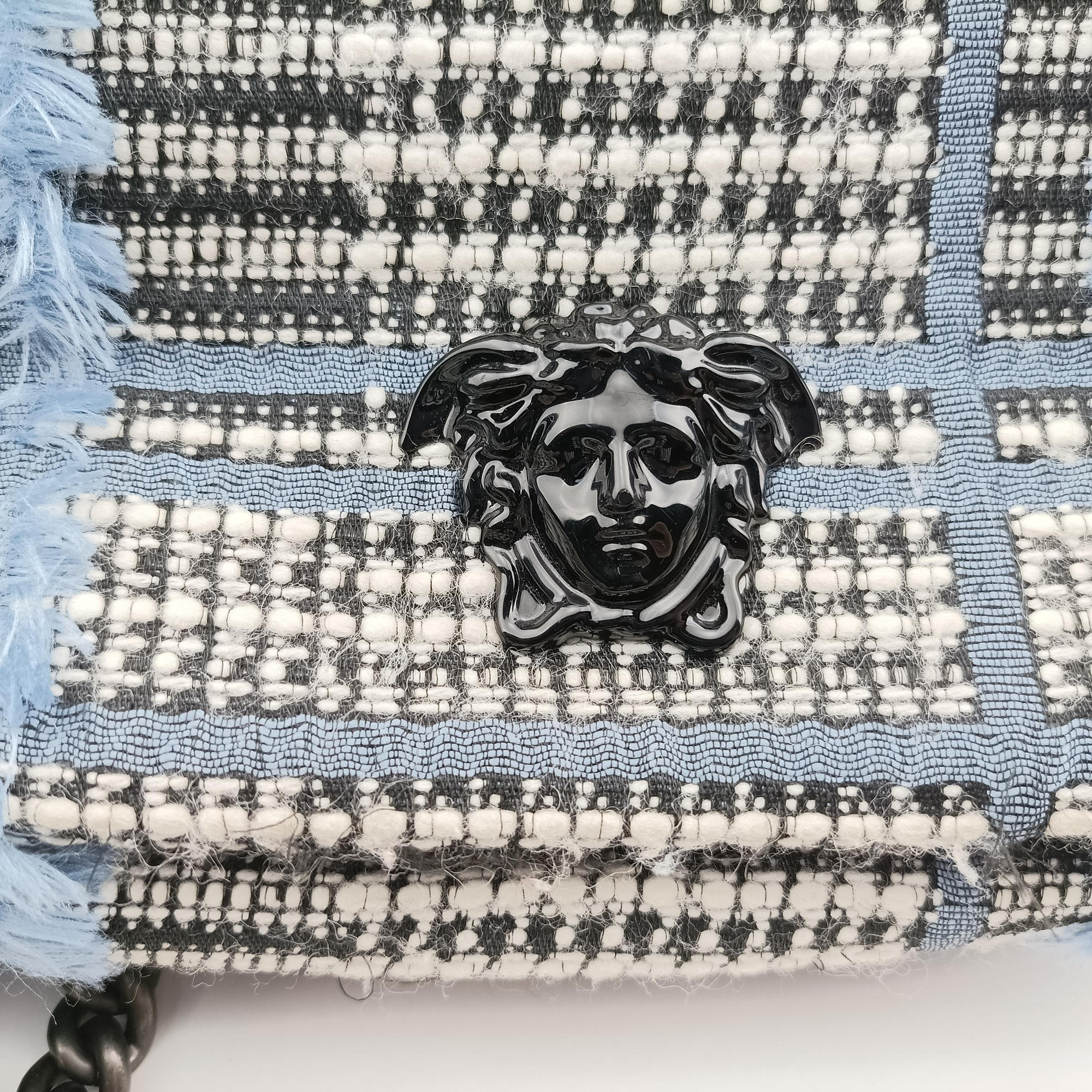Secondhand VERSACE Palazzo Sultan Blue×White Tweed  & Leather  shoulderbag | stylenewstar