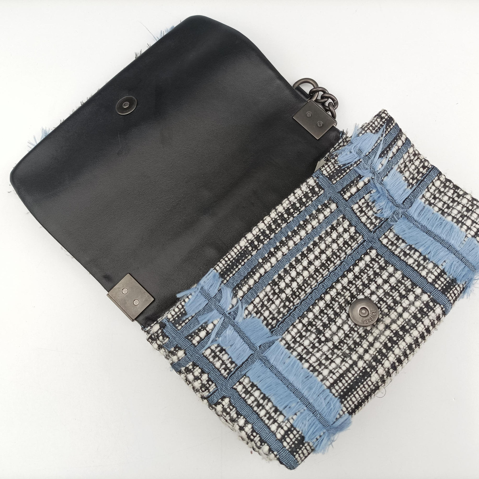 Secondhand VERSACE Palazzo Sultan Blue×White Tweed  & Leather  shoulderbag | stylenewstar