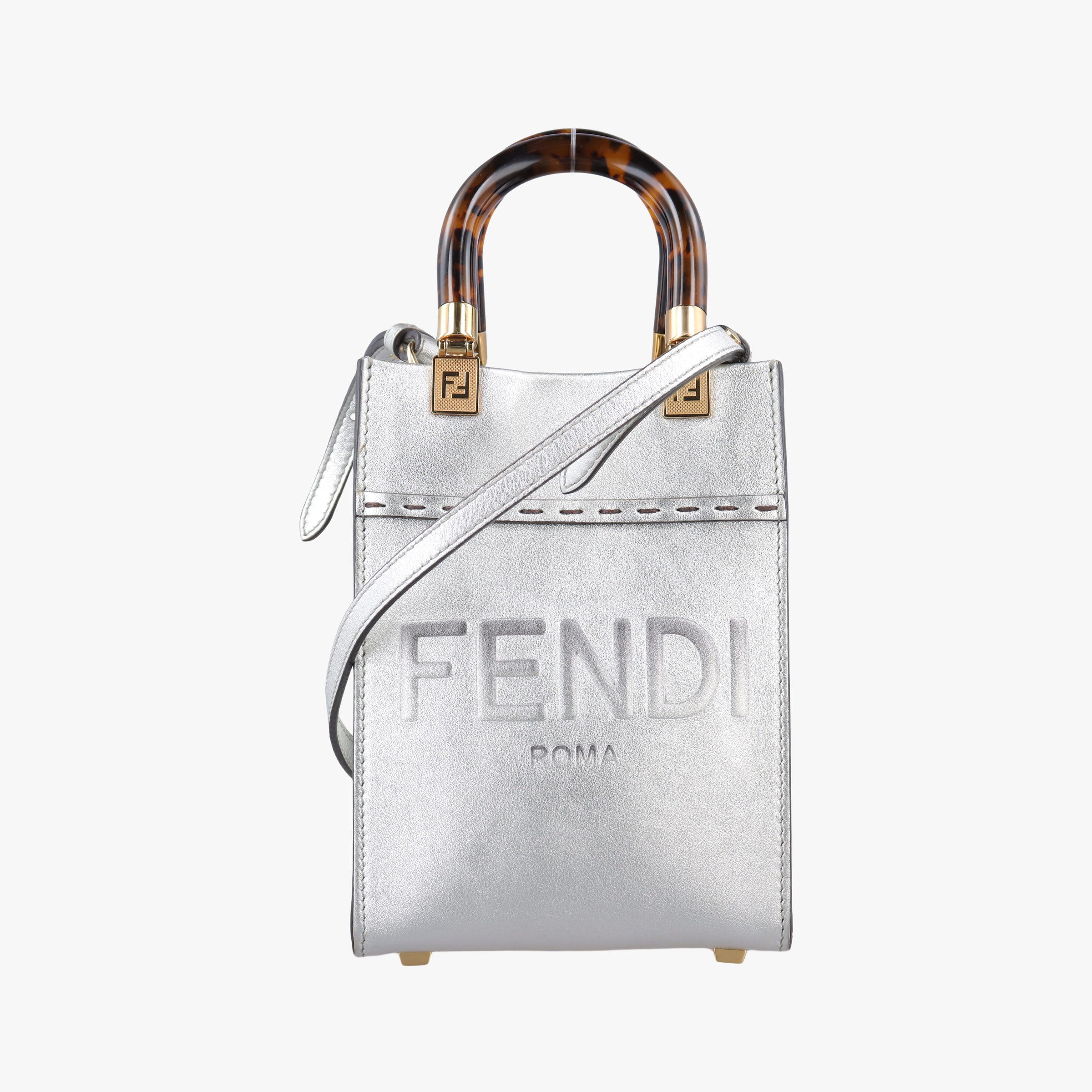 Pre-owned Fendi MINI SUNSHINE SHOPPER Silver Leather 8BS051 shoulderbag | stylenewstar
