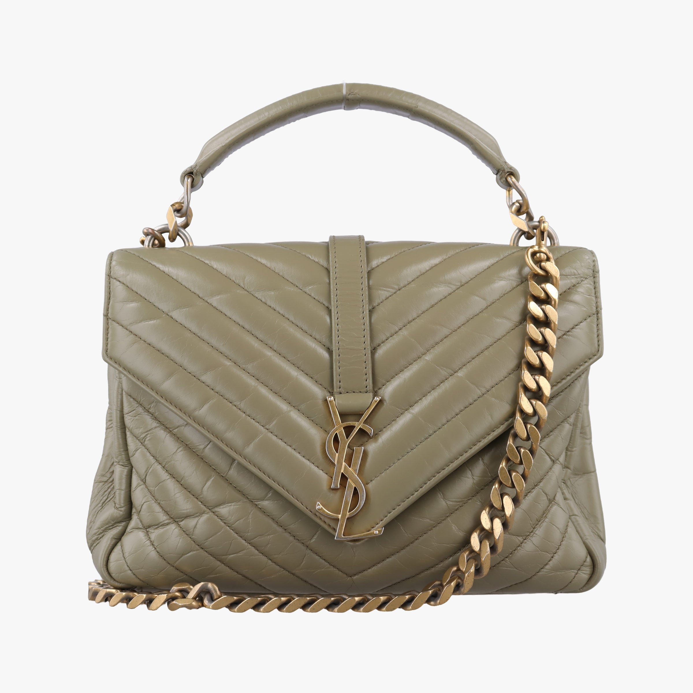 Pre-owned Yves Saint Laurent COLLEGE Green Leather 428056 shoulderbag | stylenewstar