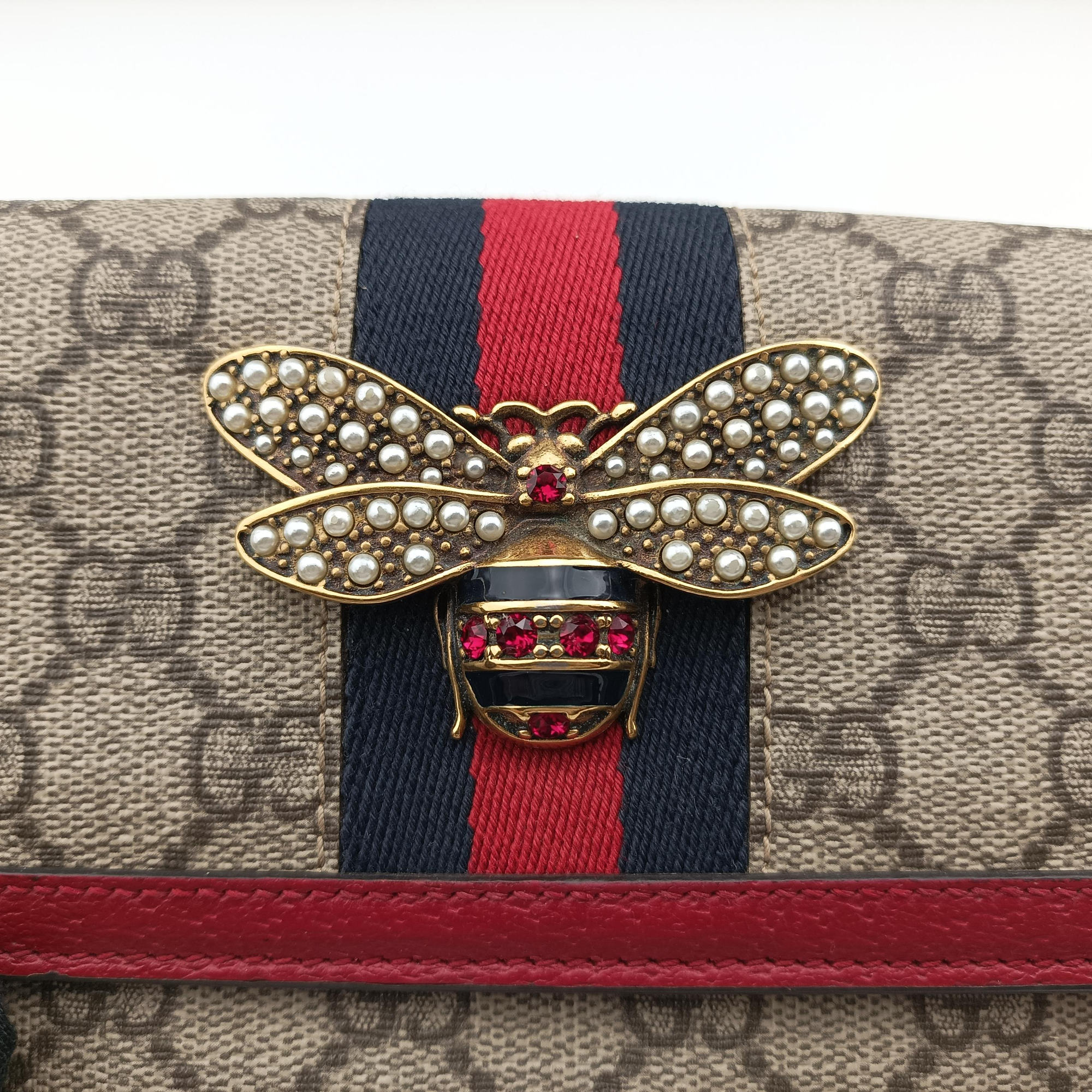 Pre-owned Gucci Queen Margaret Beige×Red×Navy PVC coated canvas×leather 476079 shoulderbag | stylenewstar