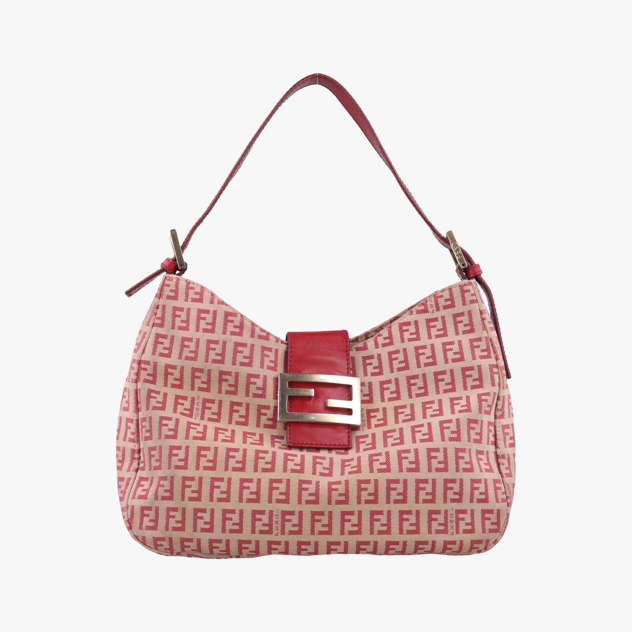 Pre-owned Fendi Zucchino Beige x Red canvas xLeather 8BR036 handbag | stylenewstar