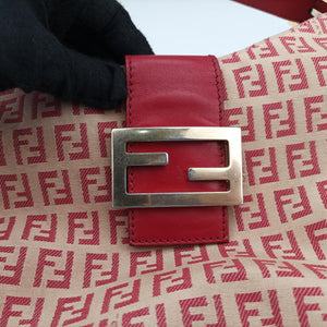 Pre-owned Fendi Zucchino Beige x Red canvas xLeather 8BR036 handbag | stylenewstar
