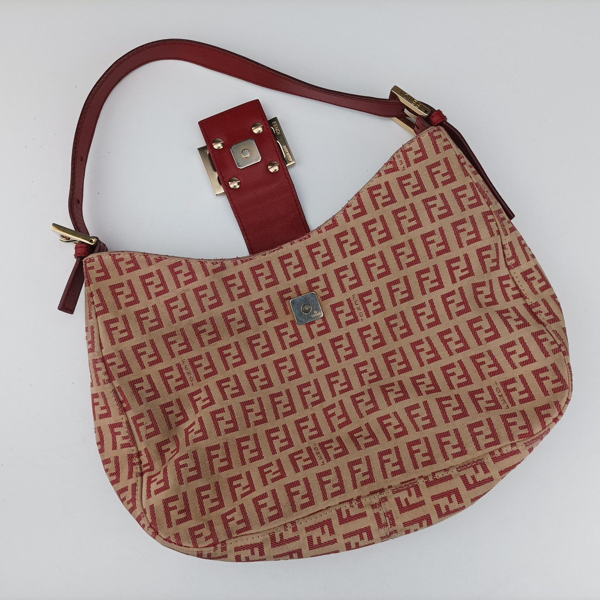 Pre-owned Fendi Zucchino Beige x Red canvas xLeather 8BR036 handbag | stylenewstar
